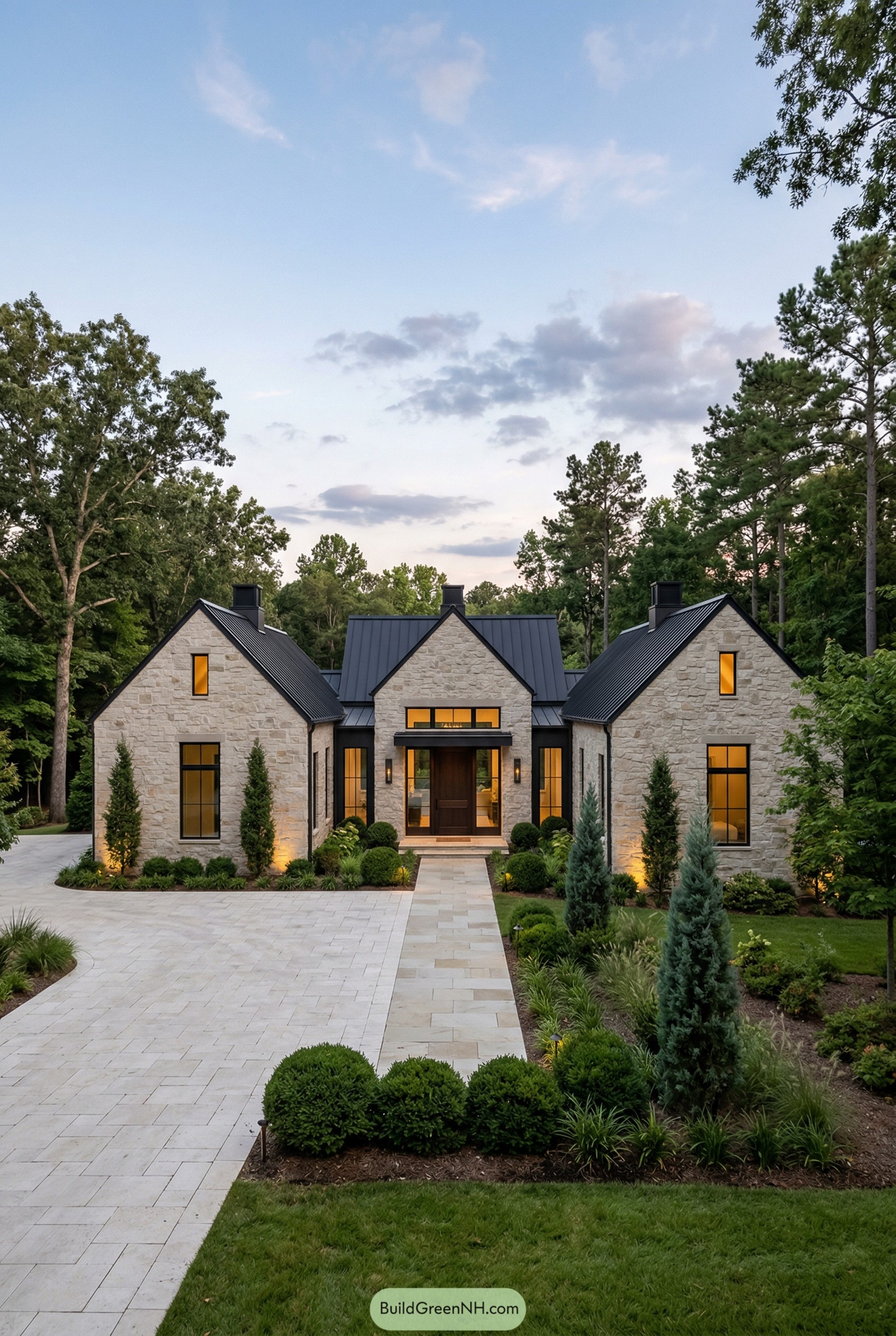 Stone home with triple gables and dark metal roof