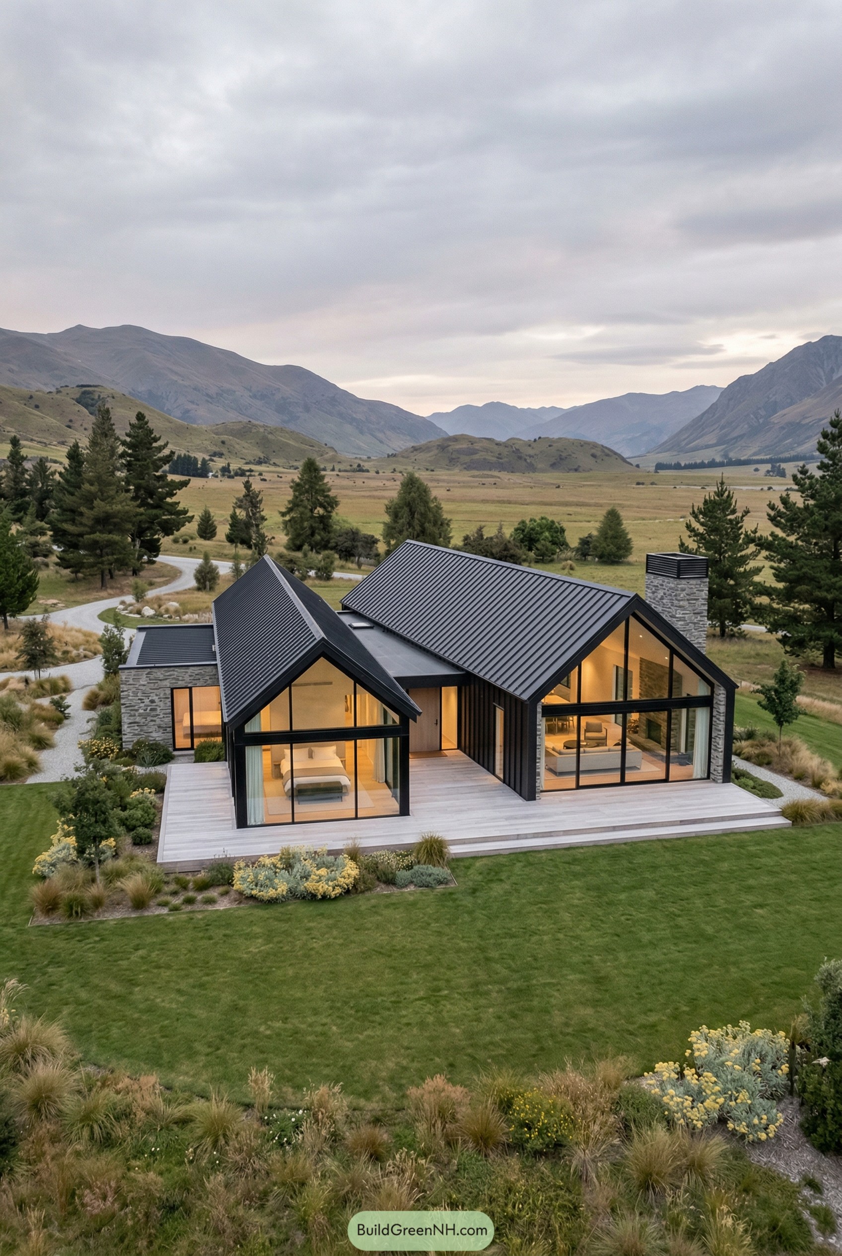 One story modern house with black gables and stone chimney