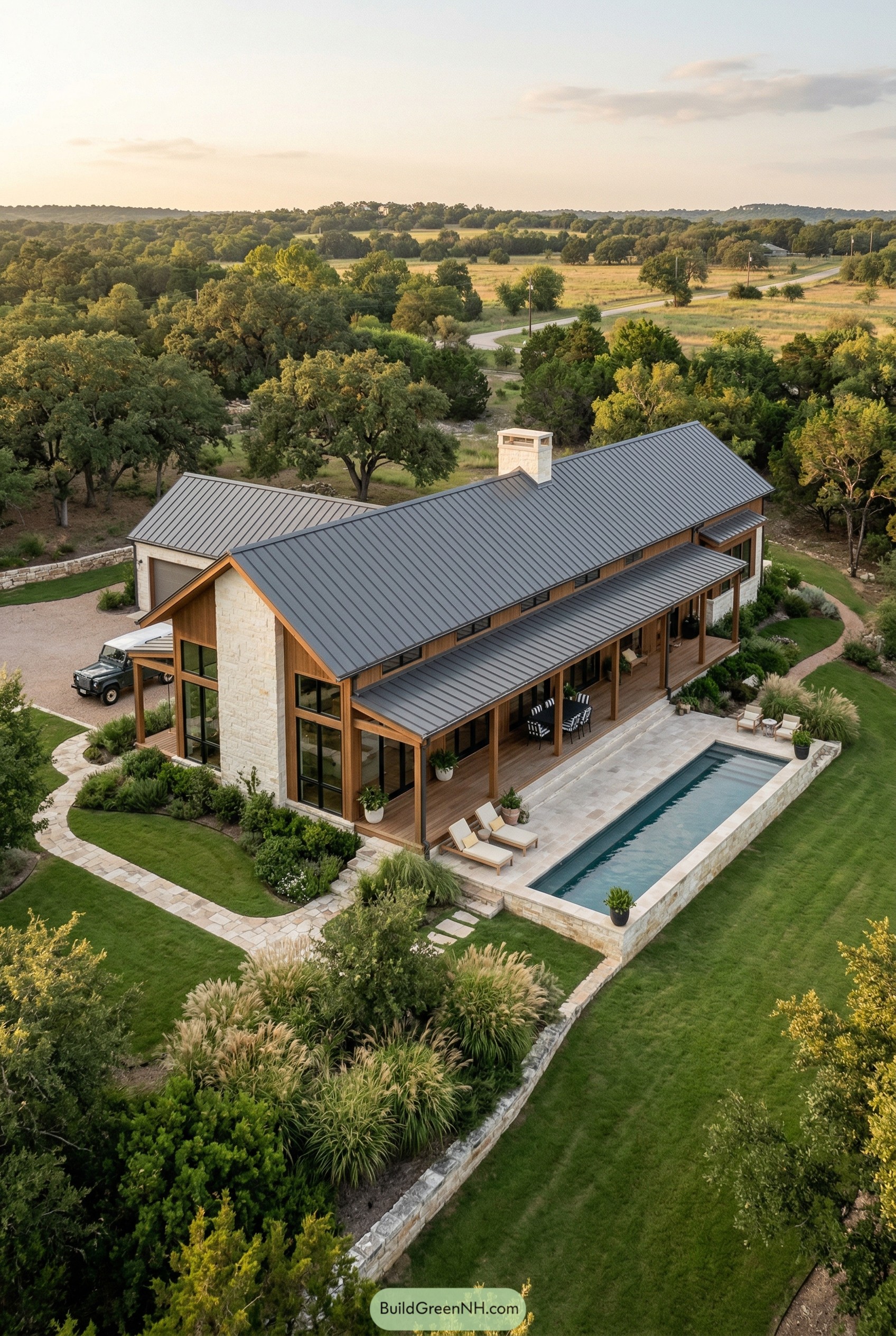 Long one story limestone house with lap pool