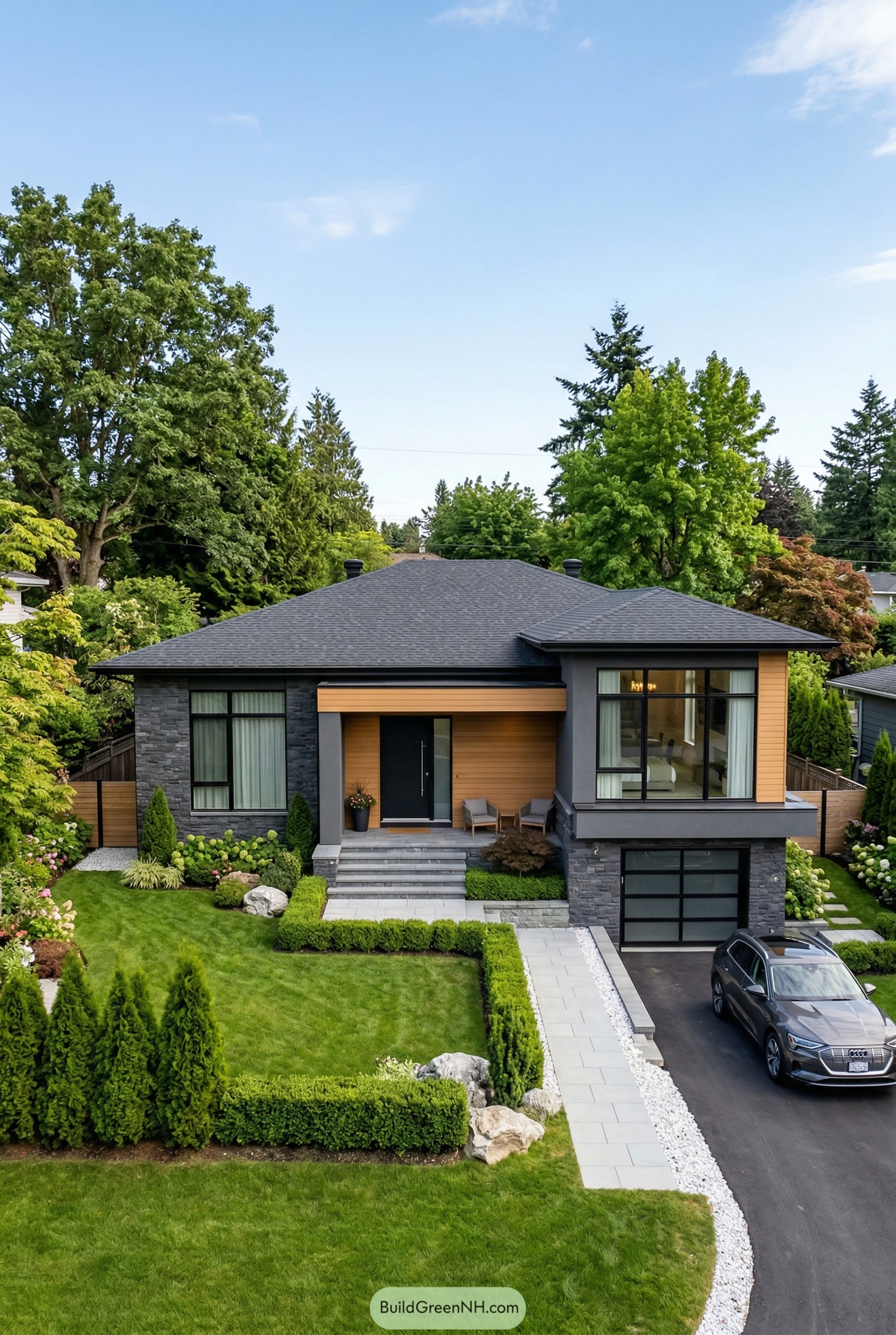 Modern house with dark stone wood accents