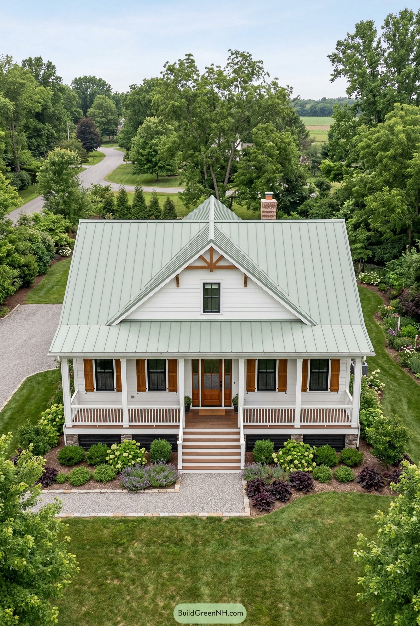 White farmhouse with metal roof and front porch