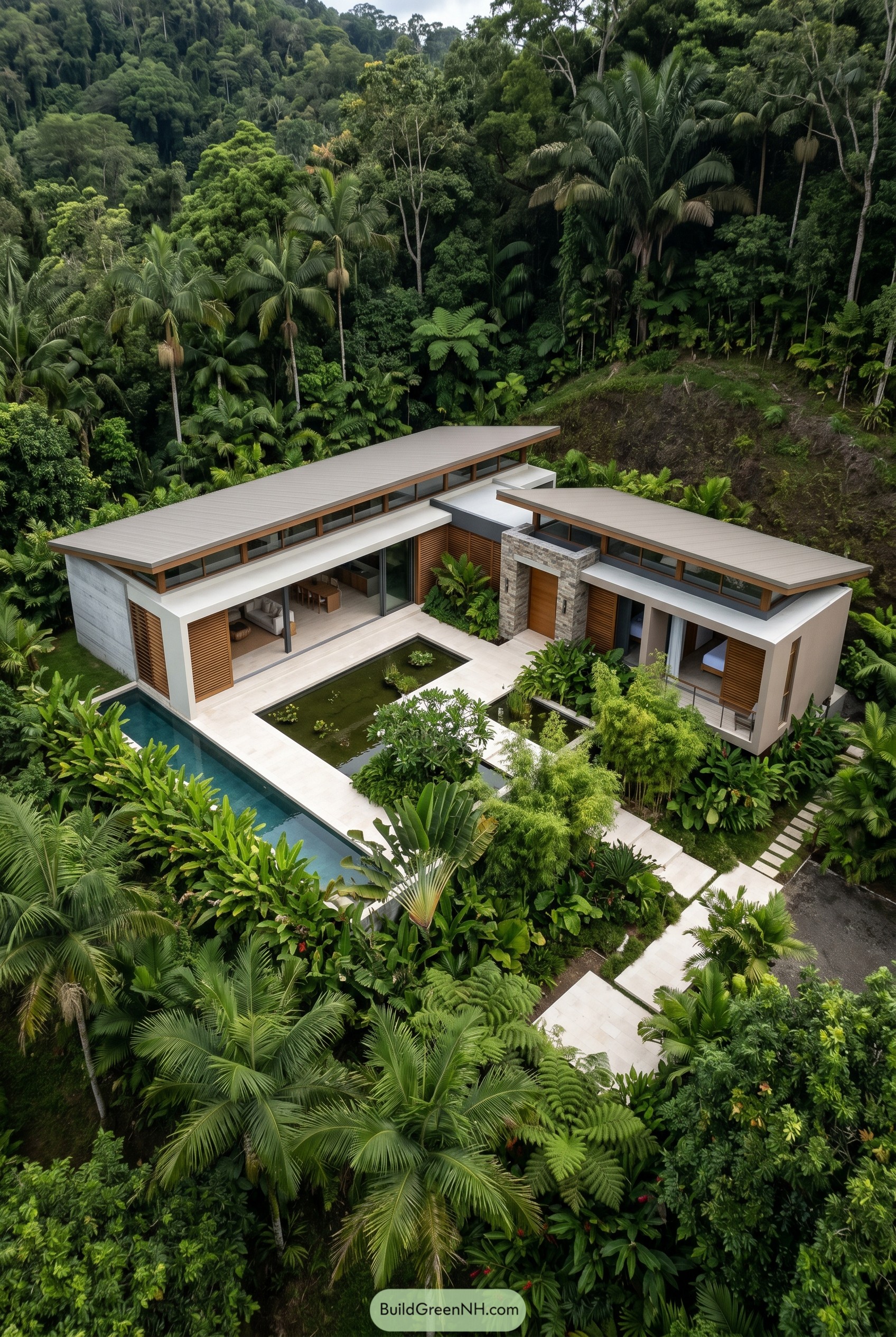 One story tropical villa with courtyard pool in jungle