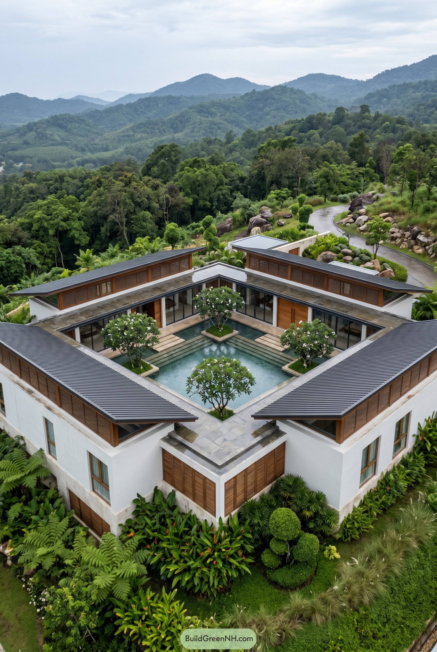 Square tropical villa with central courtyard pool