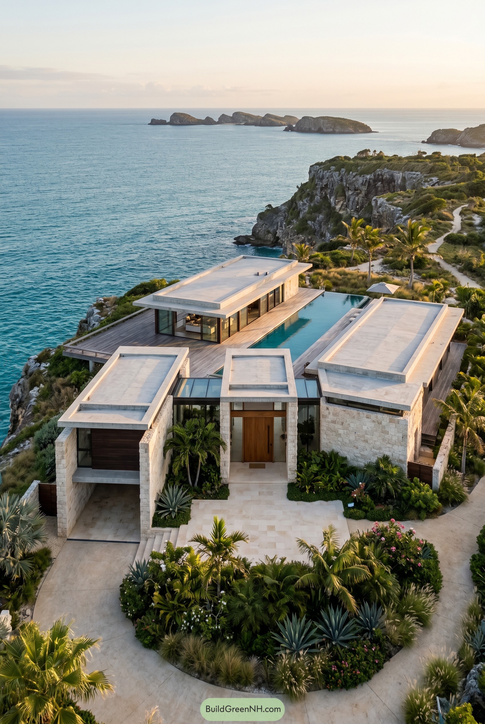 Single story cliffside villa with pool and sea view