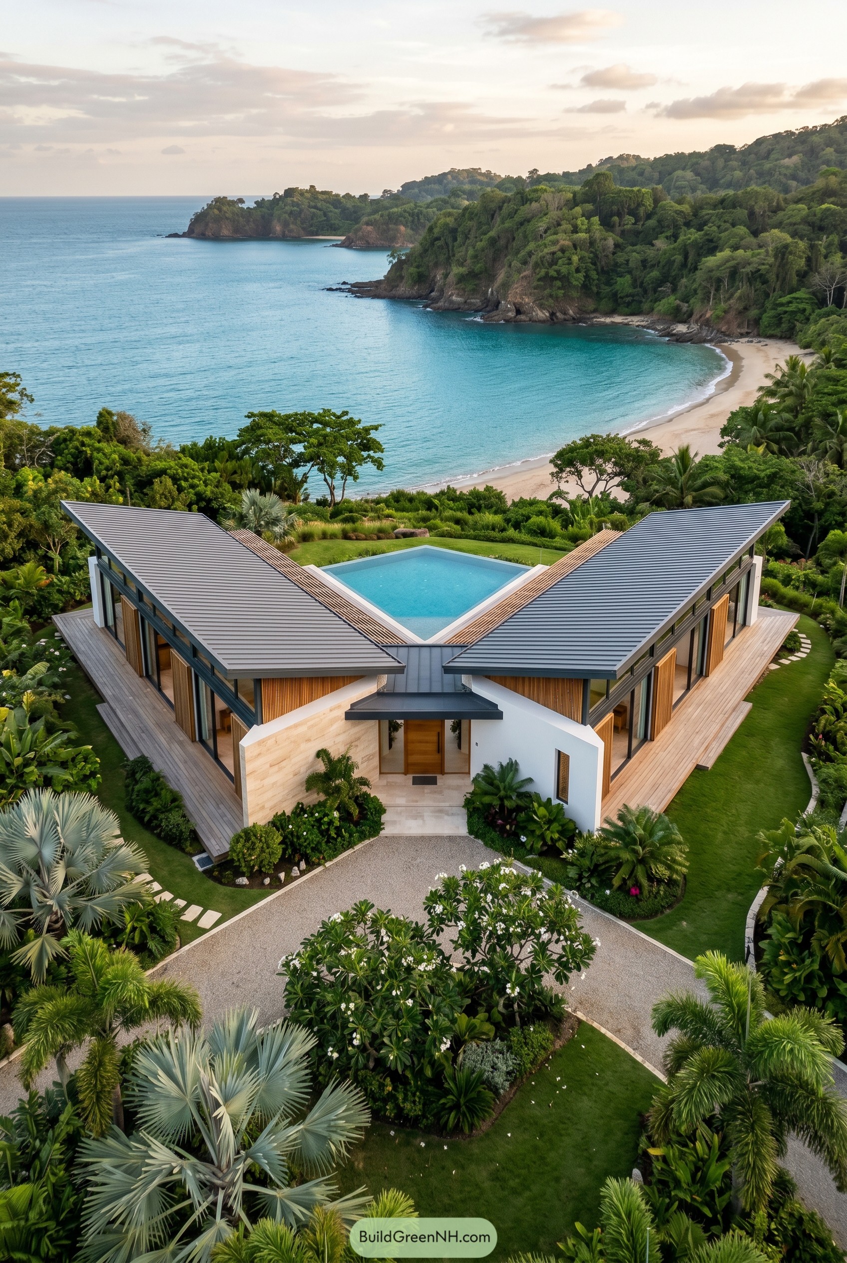 V shaped tropical villa above a secluded bay