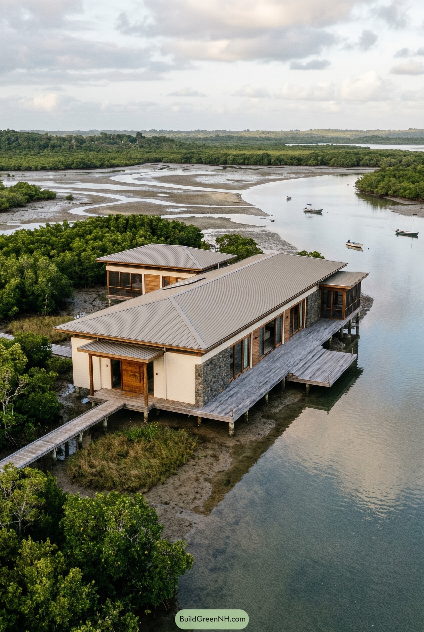 Stilted tropical villa above a mangrove estuary
