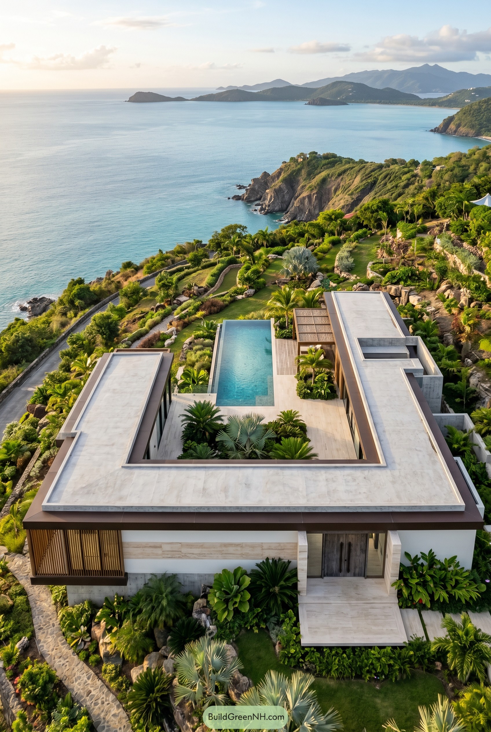 One story cliffside tropical villa with central pool