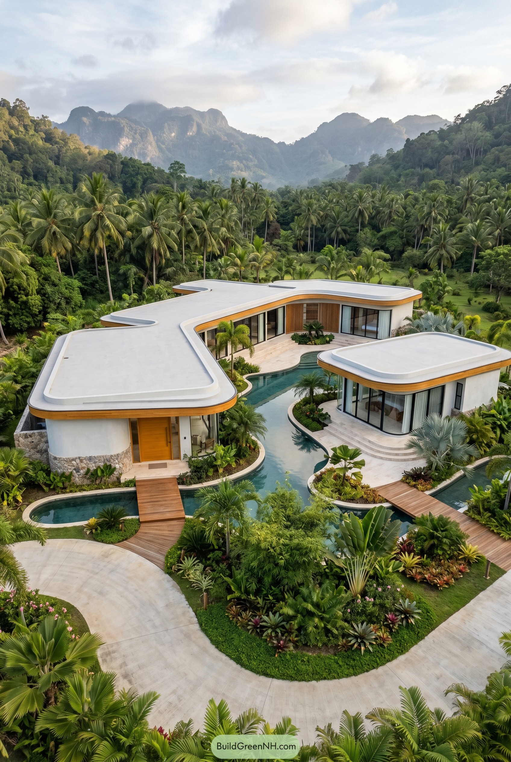 Curved one story tropical villa around winding pool