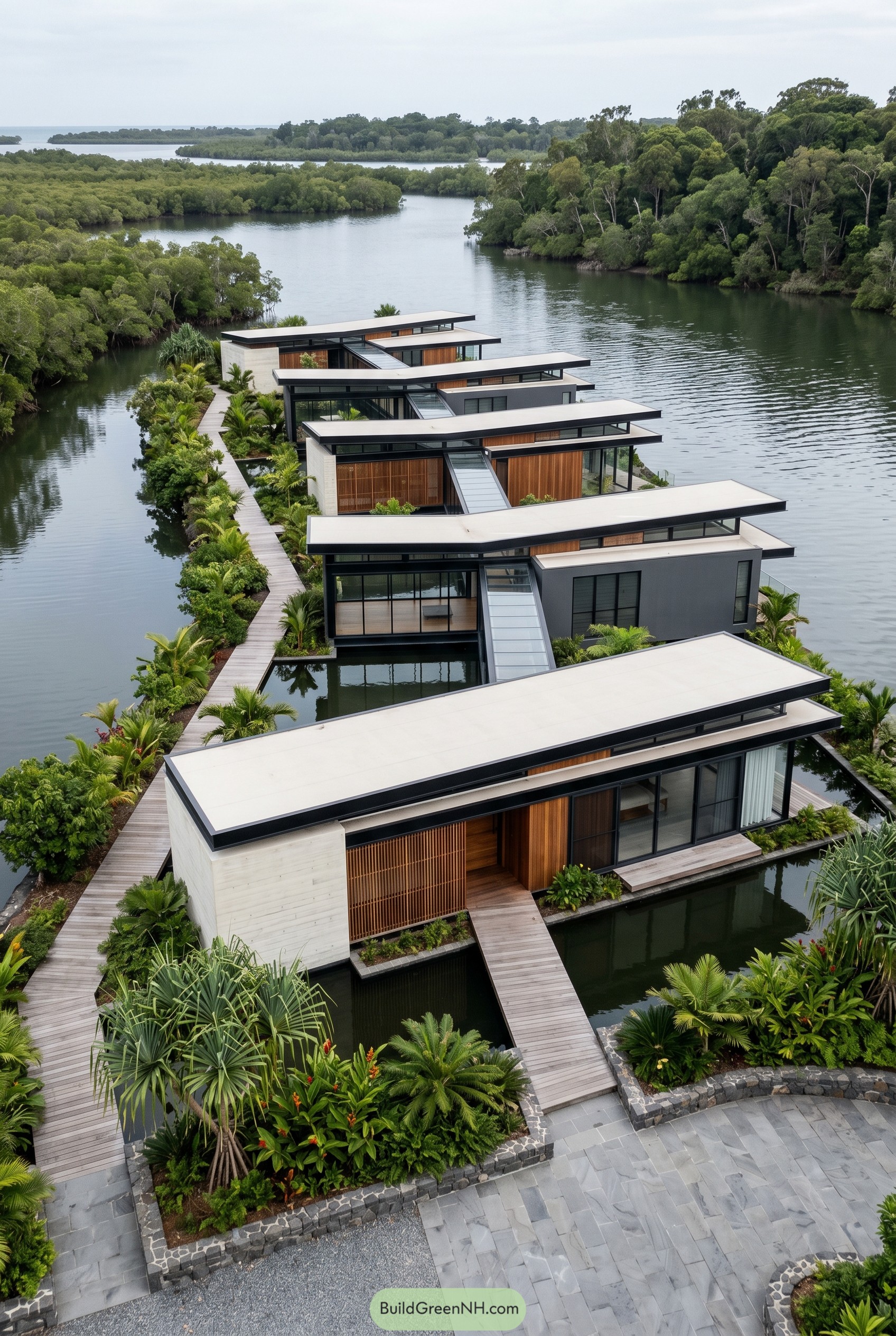 One story waterfront villa with linked pavilions and reflecting pools