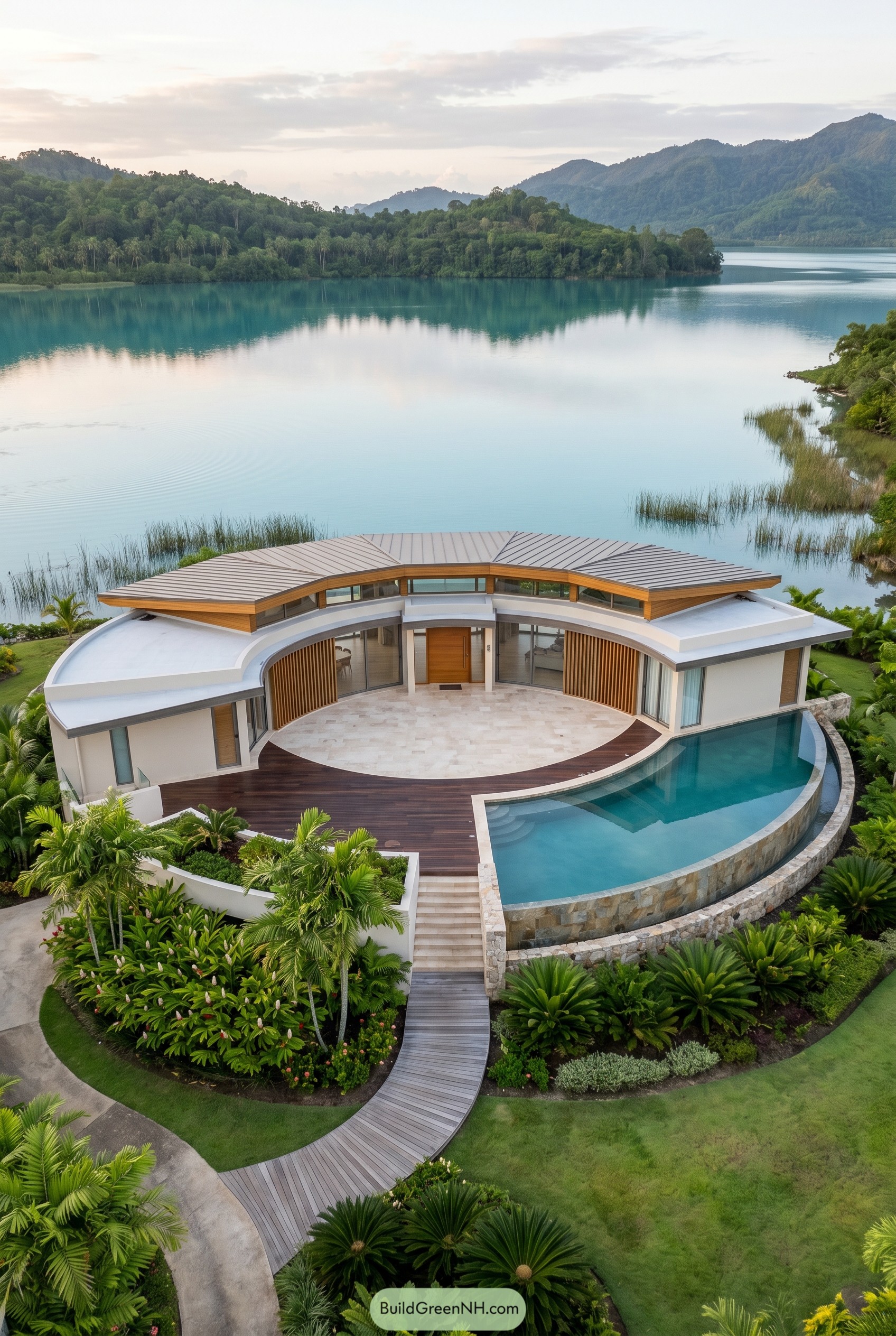 Curved lakeside villa with infinity pool