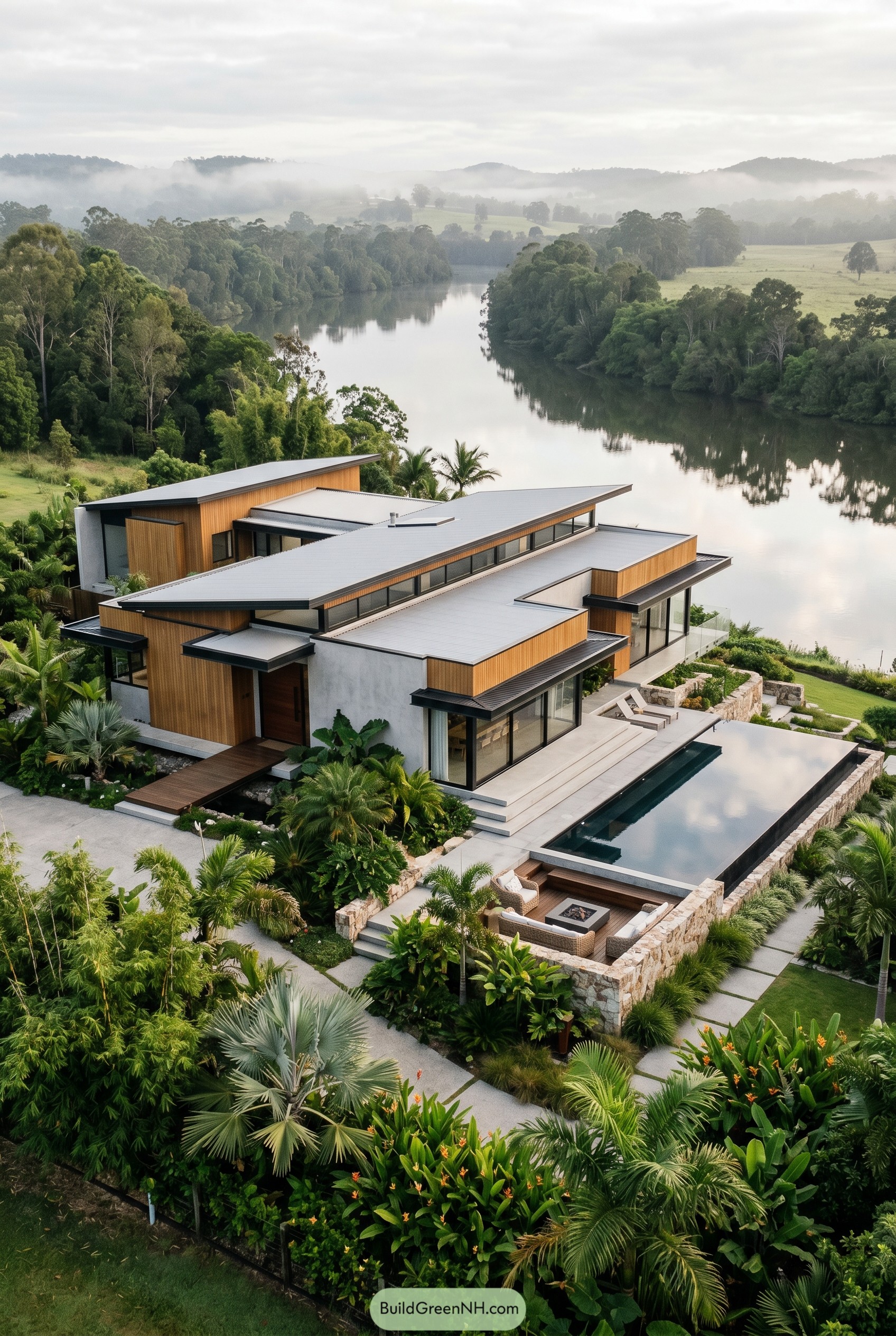 Angular tropical villa with riverfront infinity pool