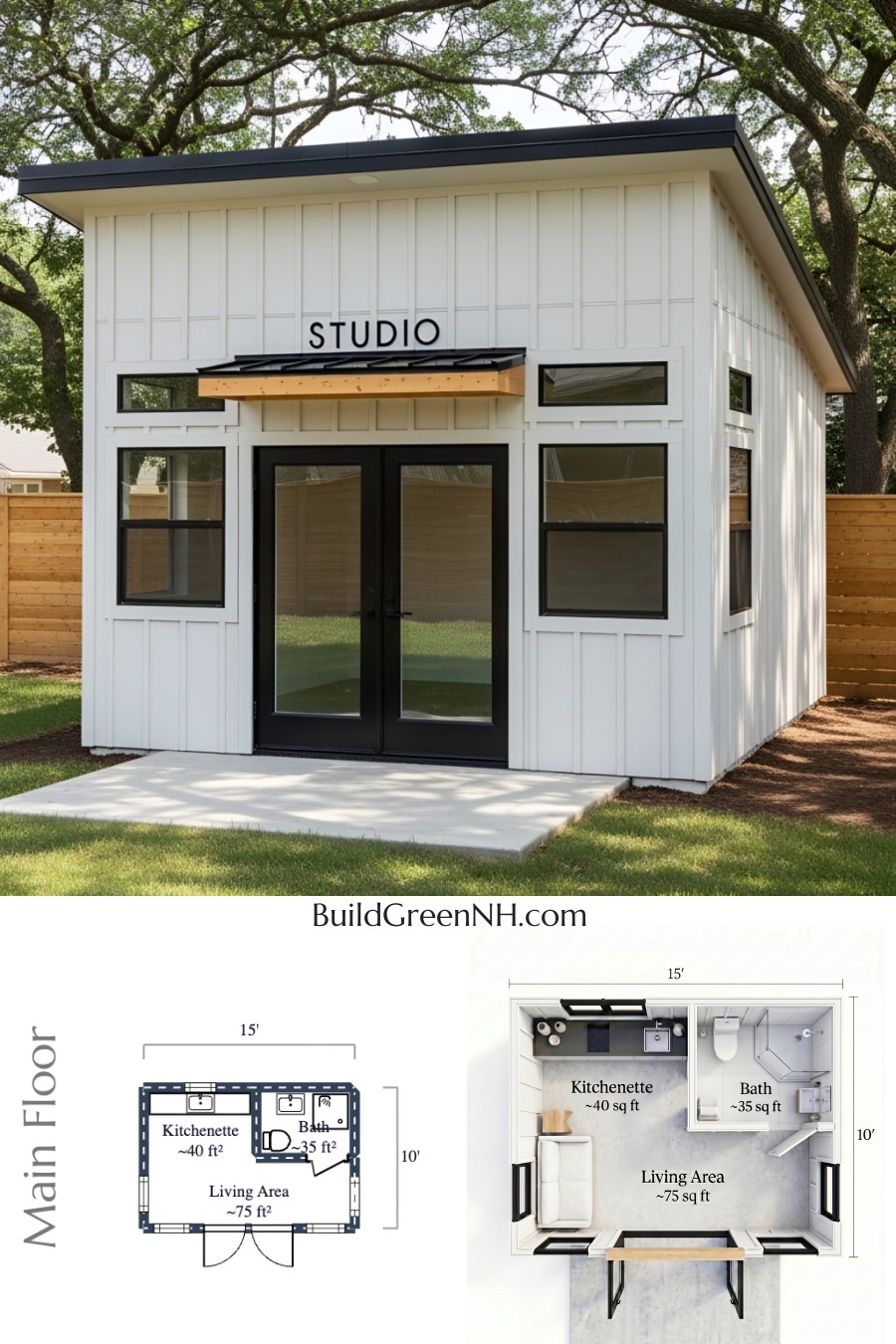 Single Story 150 sq. ft. Studio Shed Floor Plans (/w Bath): Whimsical White Retreat with Double Doors