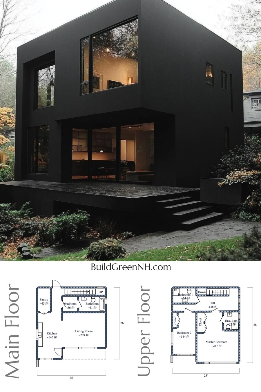 Two-story, 2 Bed, 3 Bath, 1,259 sq. ft. Modern House Floor Plans: The Black Box
