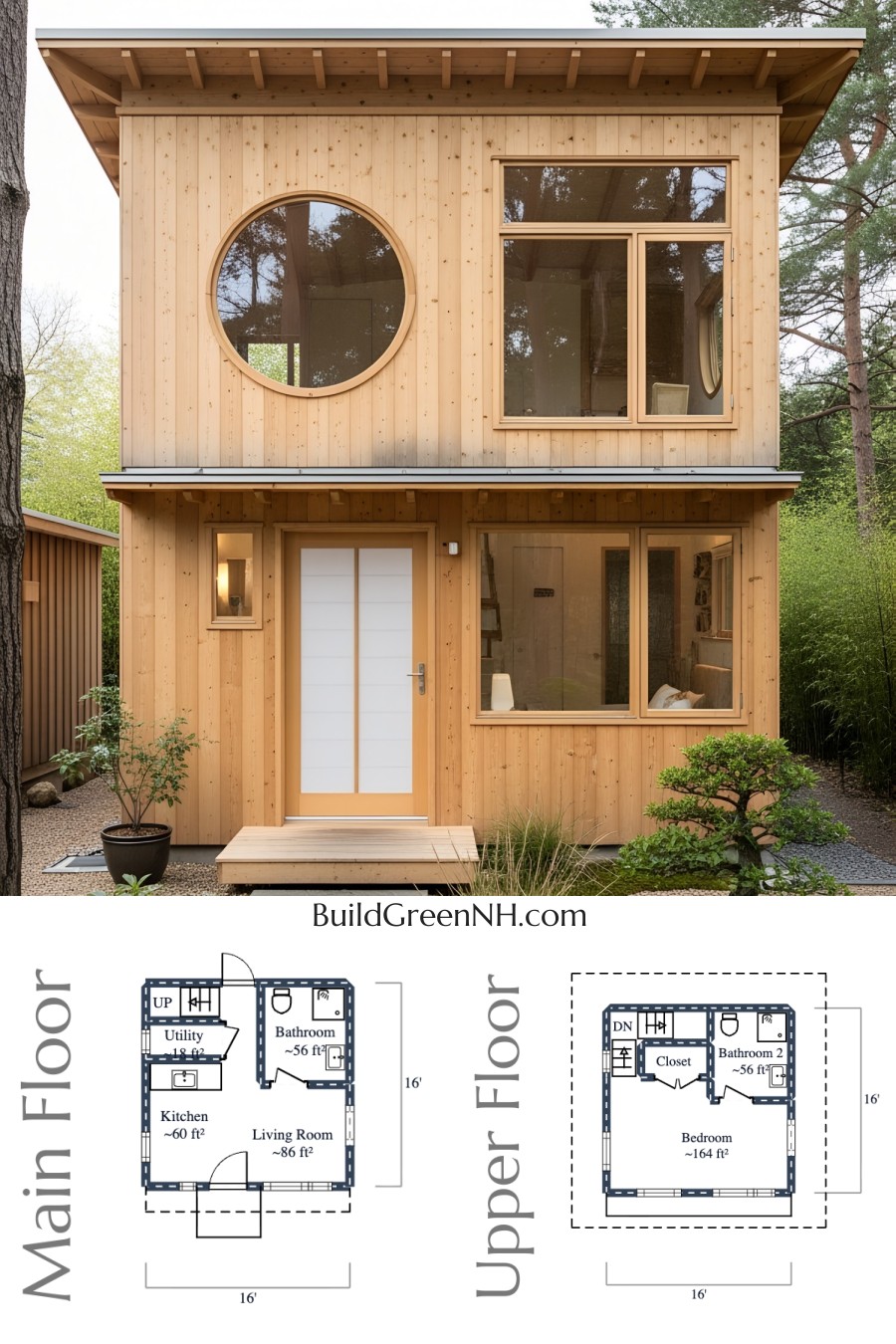 Two-story, 1 Bed, 2 Bath, 512 sq. ft. Modern Japanese-style House Floor Plans: The Pocket-Sized Zen Palace