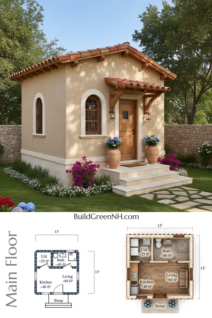 Single story, 1 Bath, 169 sq. ft. Tiny Mediterranean House Floor Plans: The Hideaway Gem