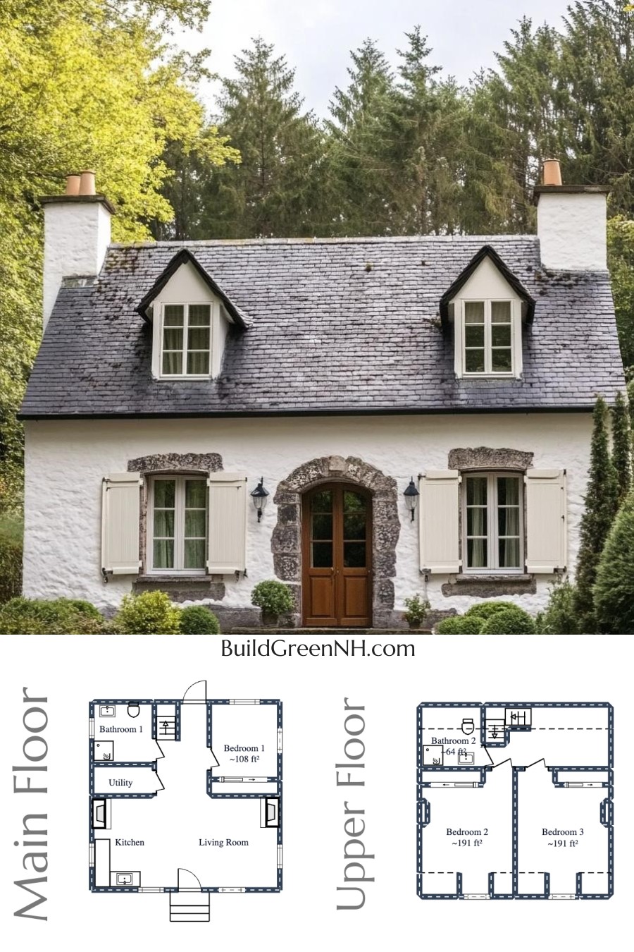 Two-story, 3 Bed, 2 Bath, 914 sq. ft. Cottage House Floor Plans: Charming Cottage Tucked in the Trees