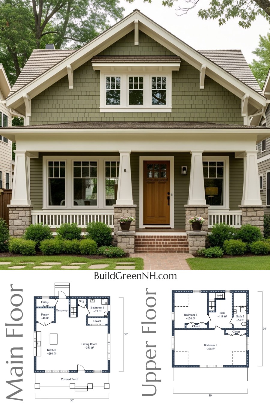 Two-story, 2 Bed, 2 Bath, 1,638 sq. ft. Cottage House Floor Plans: The Cozy Corner Cottage