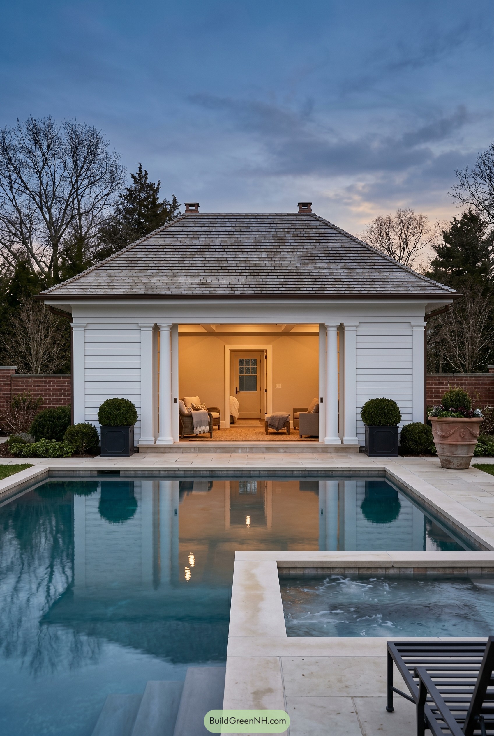 White columned pool house by a spa