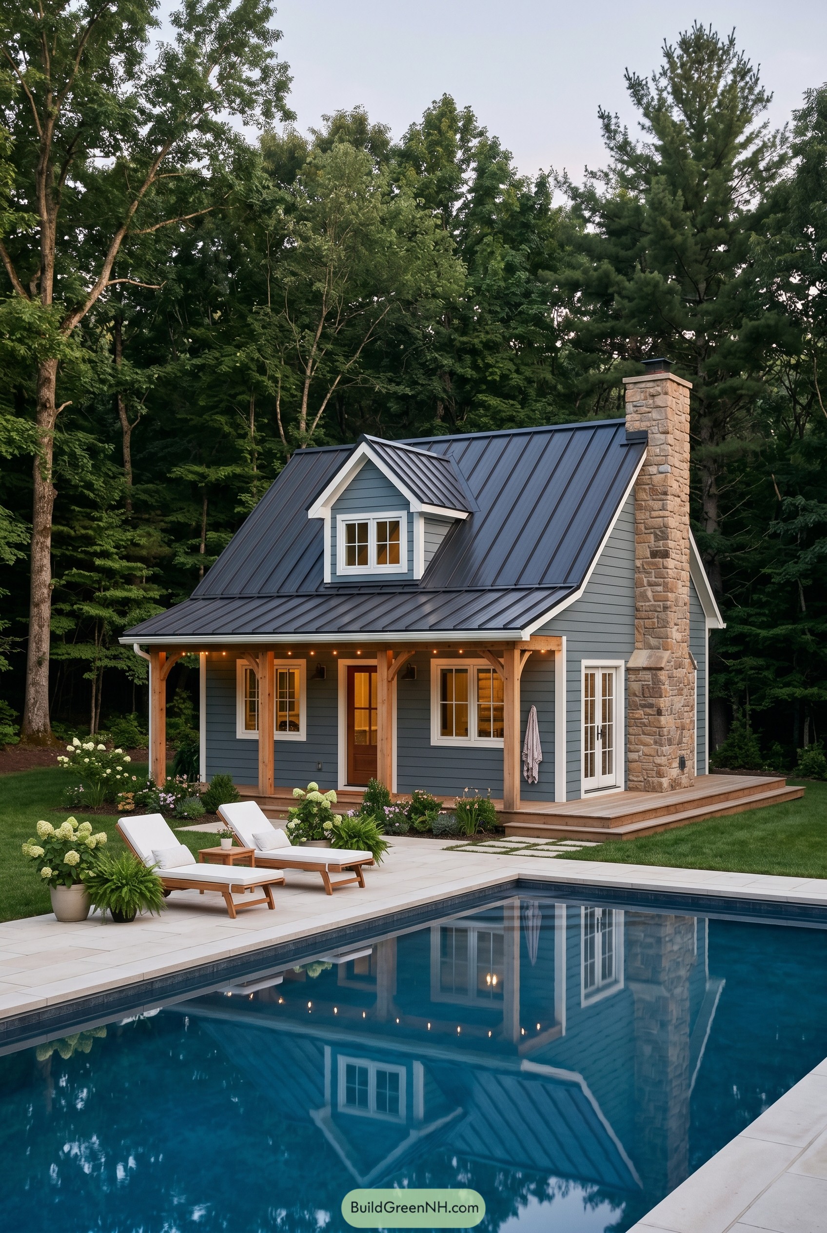 Blue pool house with porch and stone chimney
