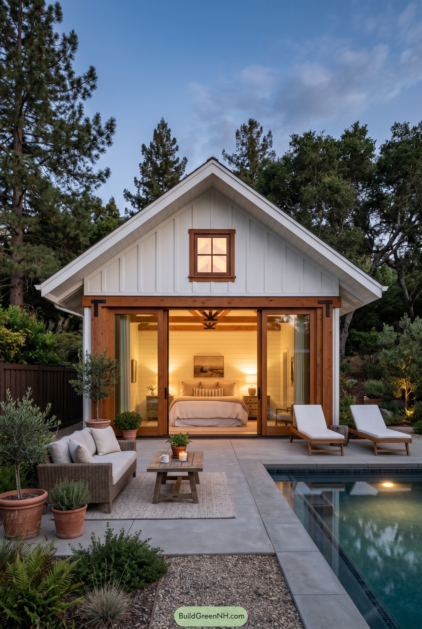 White gabled pool house with open bedroom