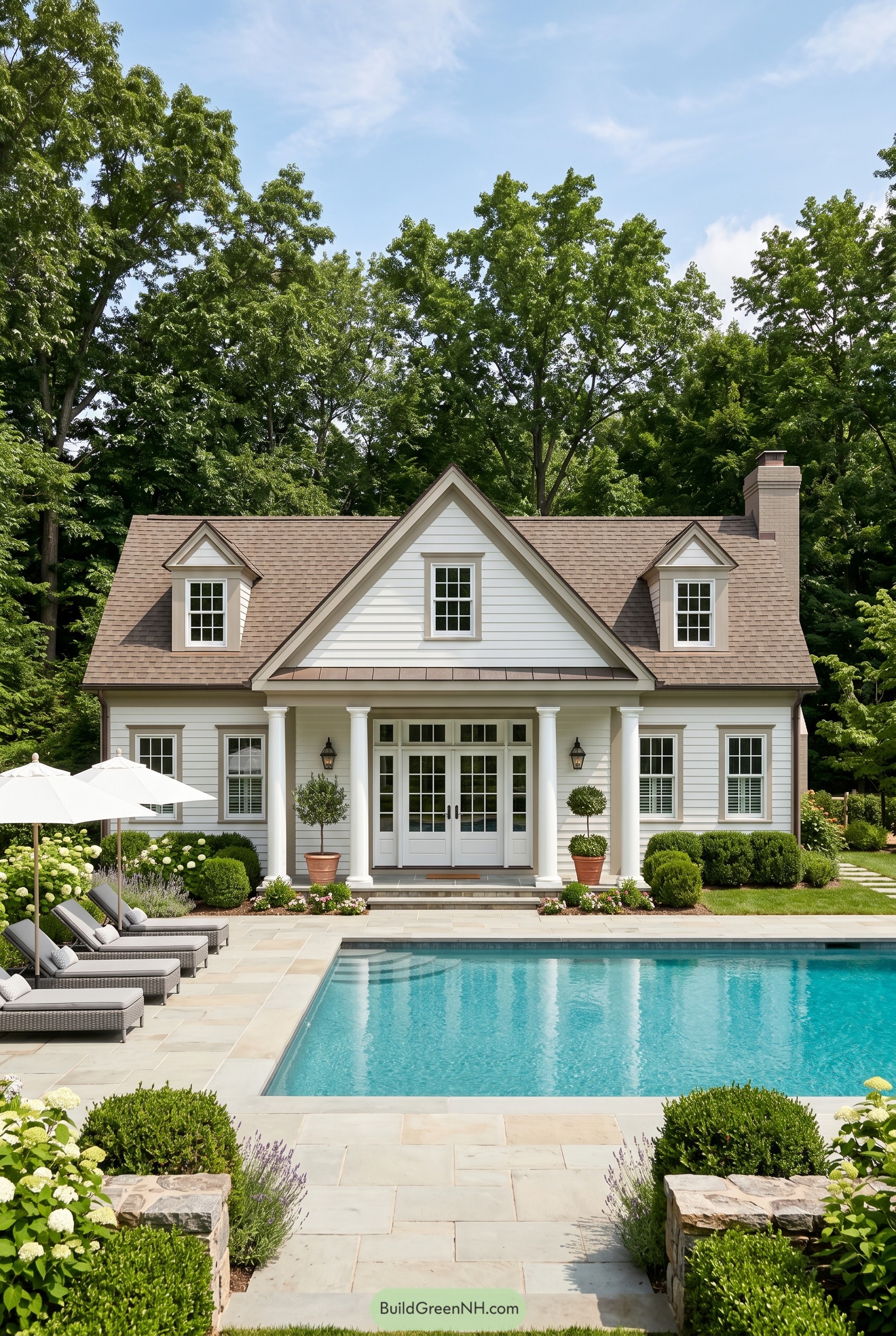 White columned pool house with dormers beside a rectangular pool