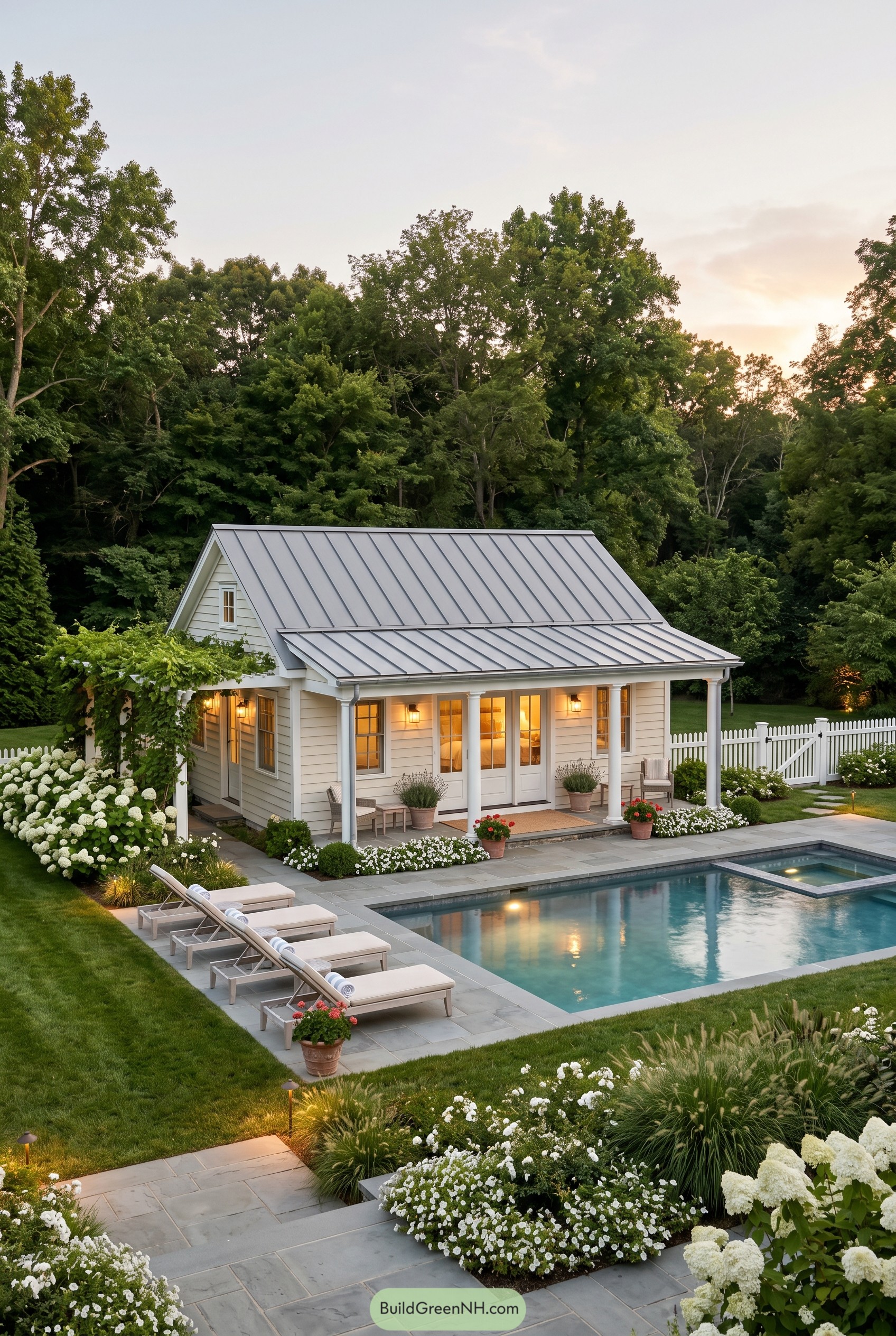 White pool house with metal roof beside a landscaped pool