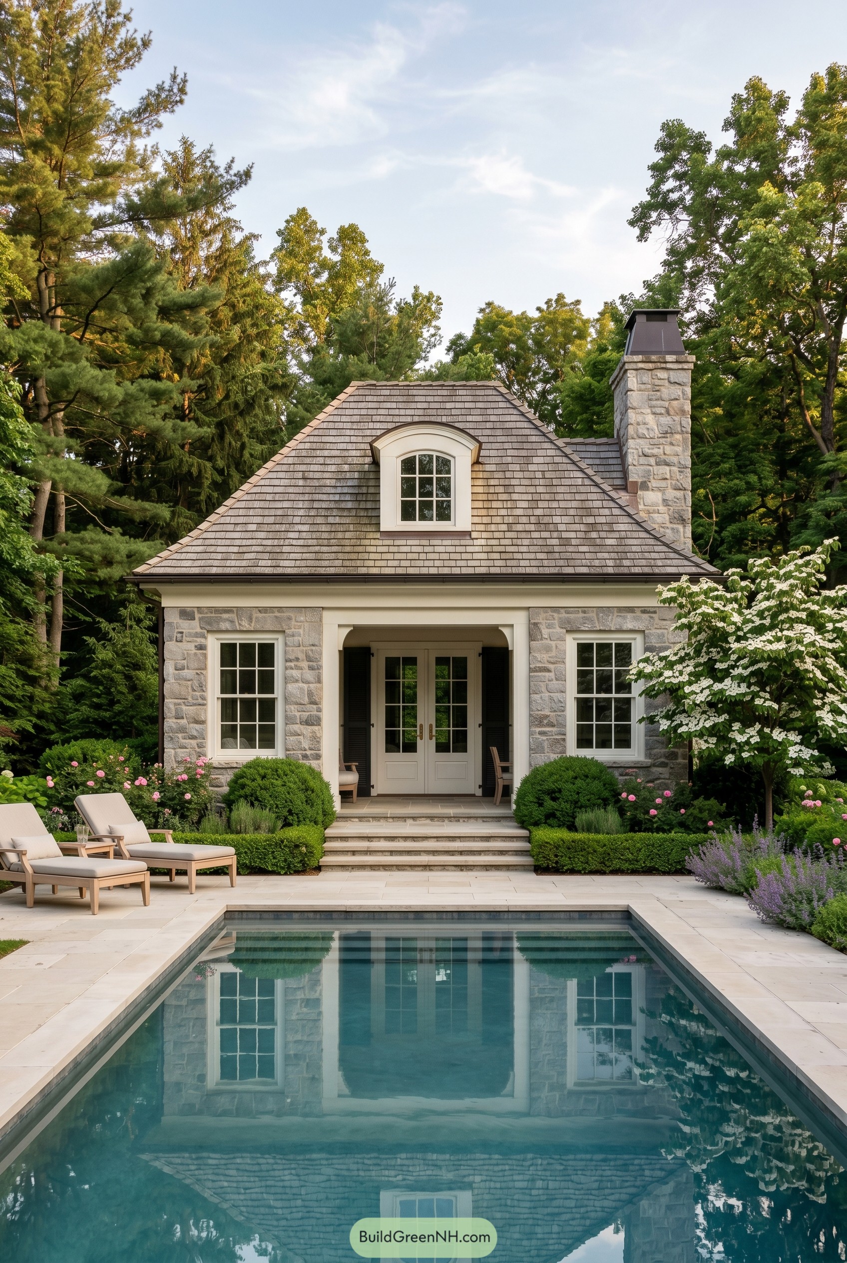 Stone pool house with dormer and chimney