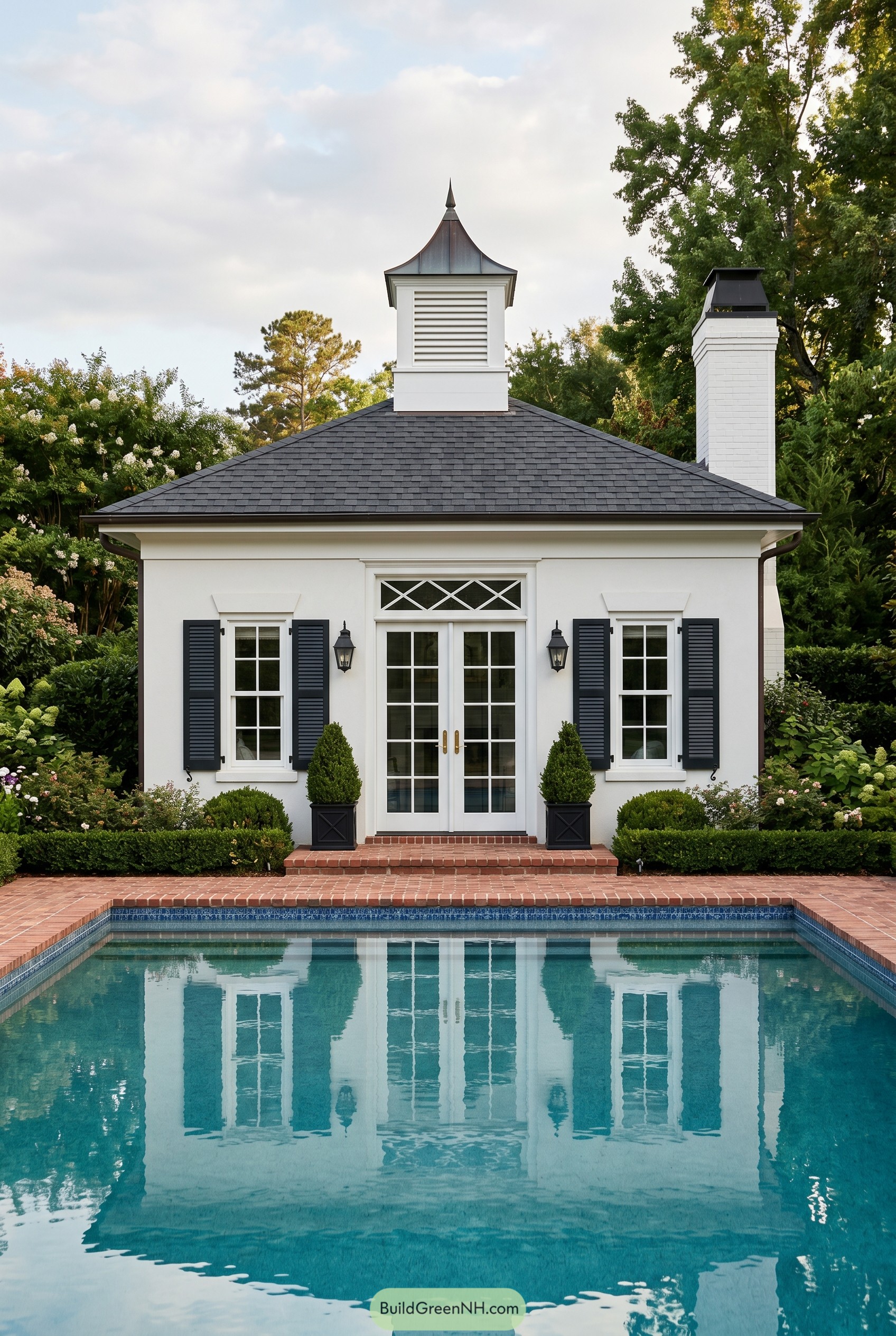 White shuttered pool house with cupola