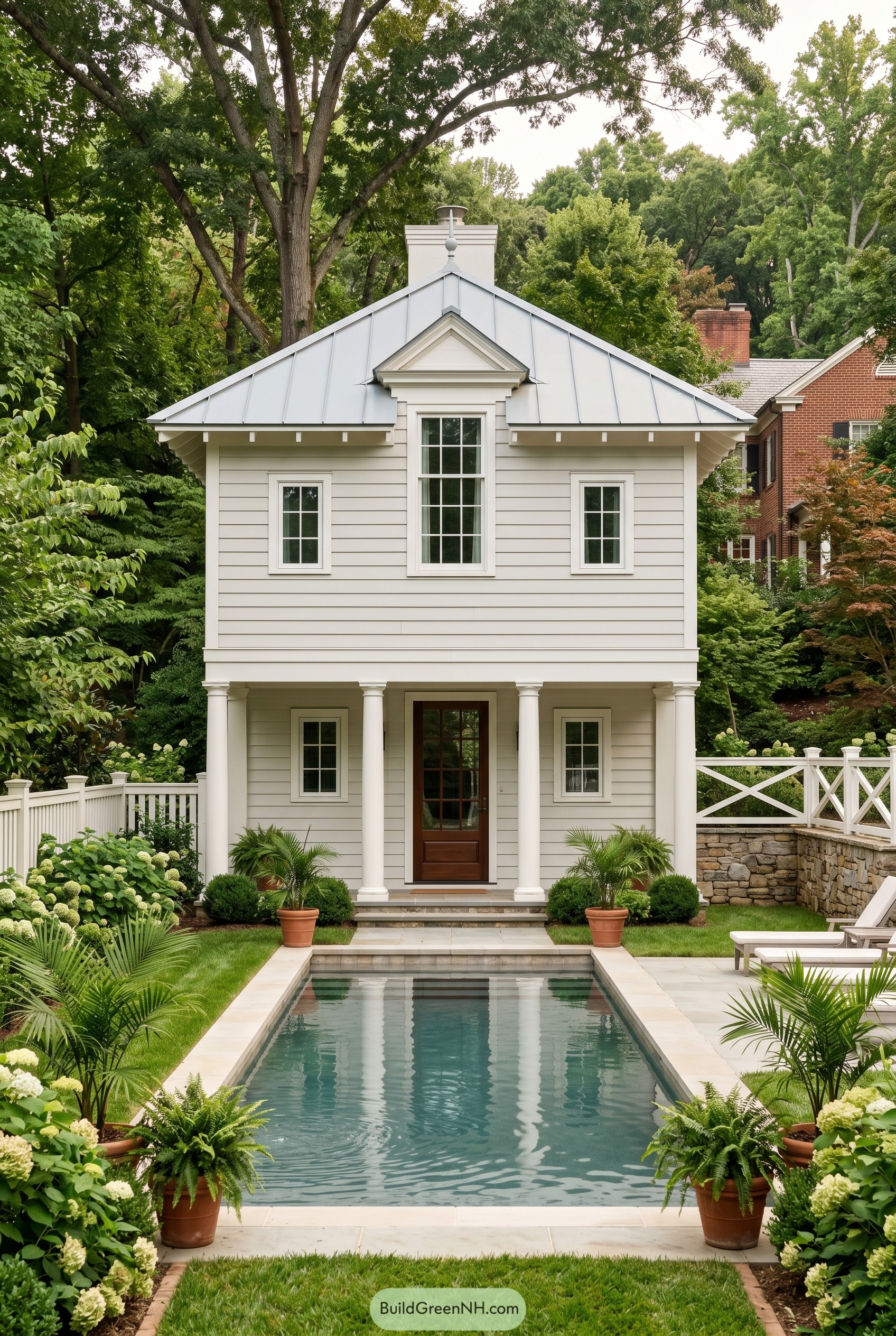 White two story pool house with columns and narrow pool