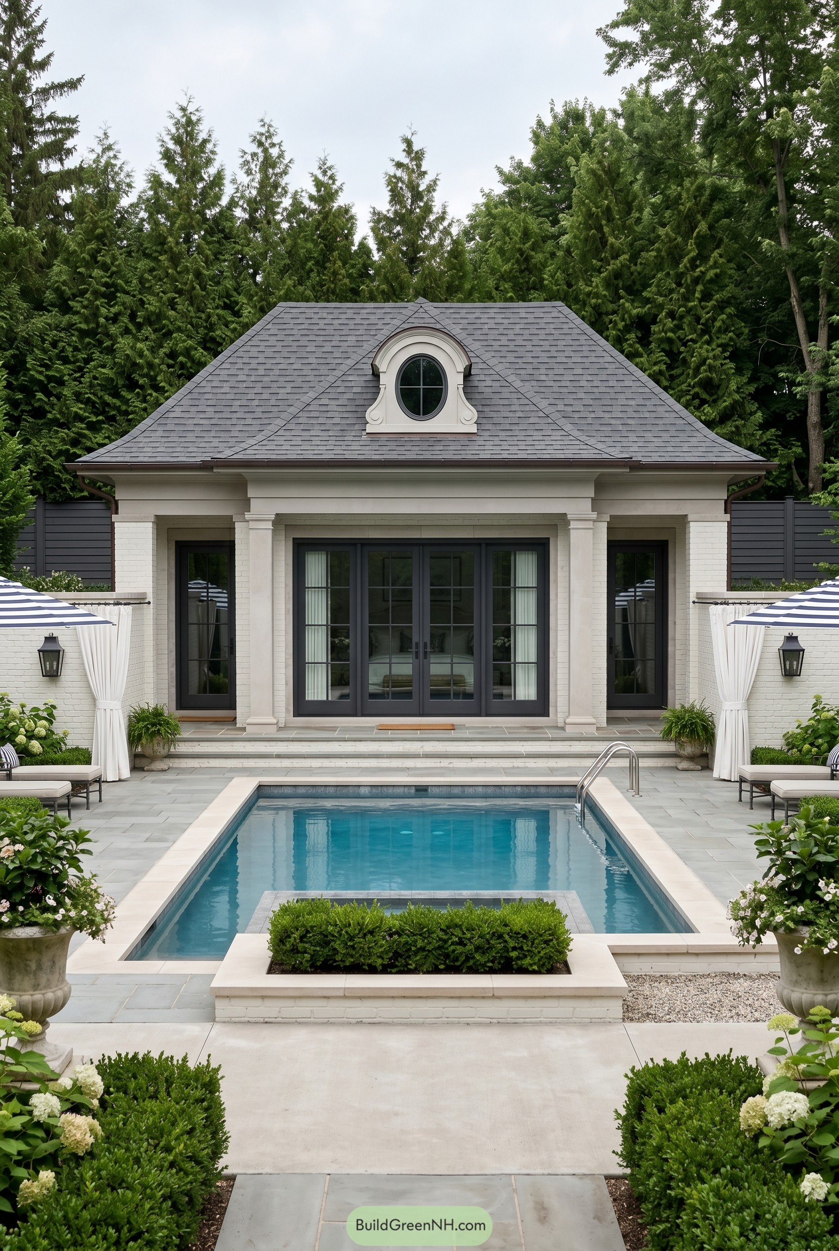 Symmetrical white pool house with oval dormer
