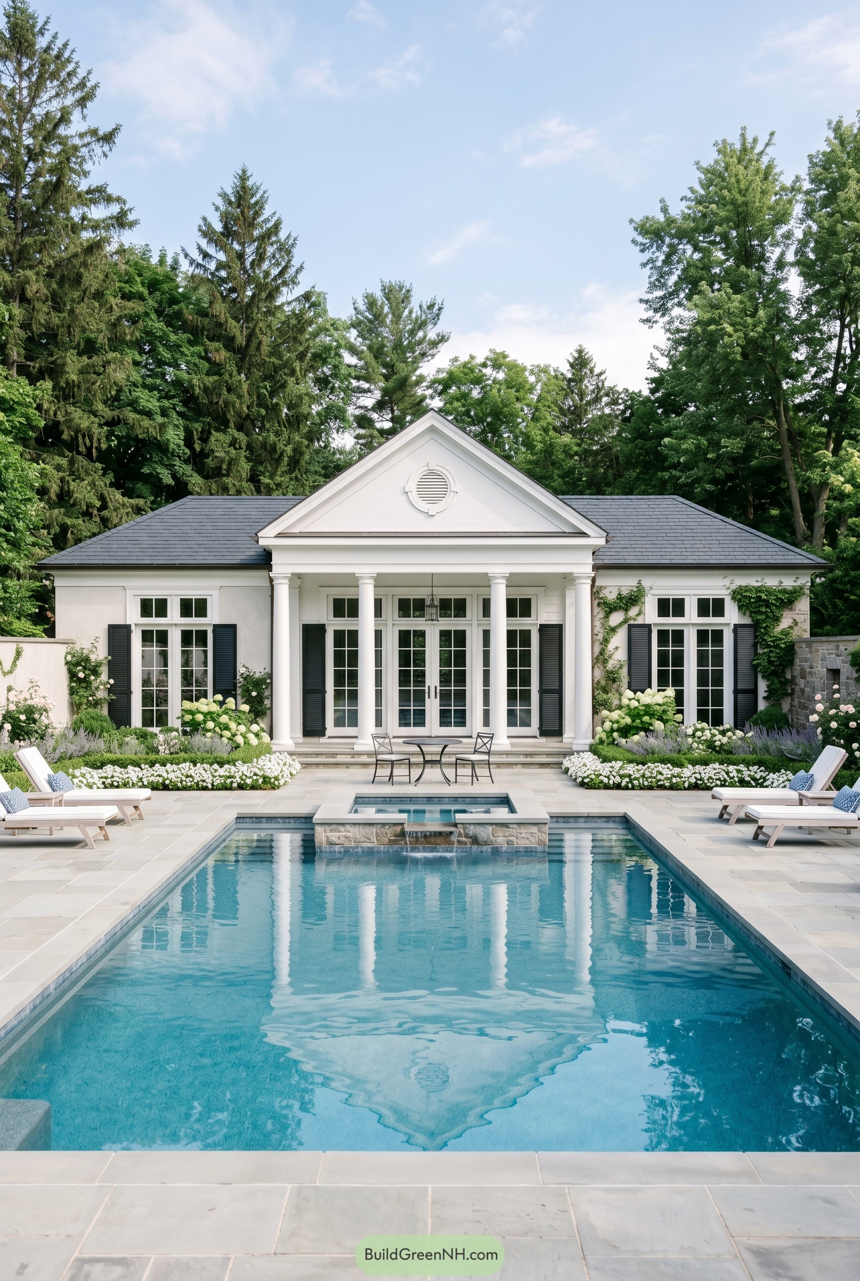 White neoclassical pool house behind lap pool