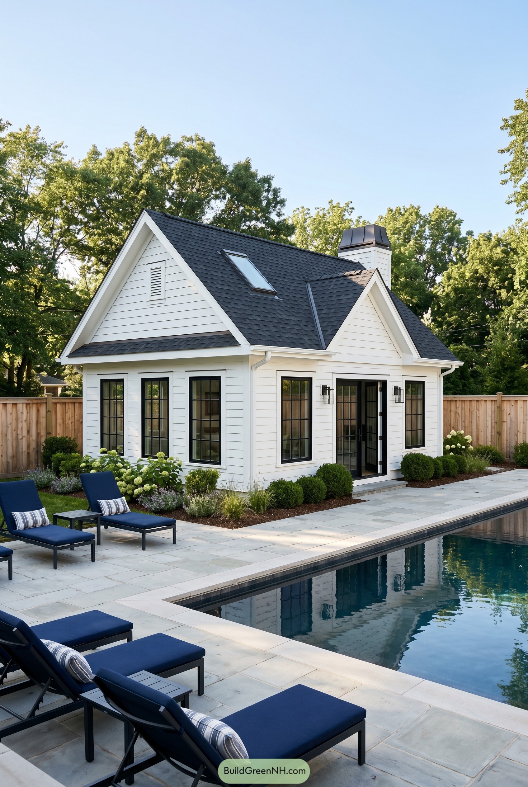 White gabled pool house beside a lap pool