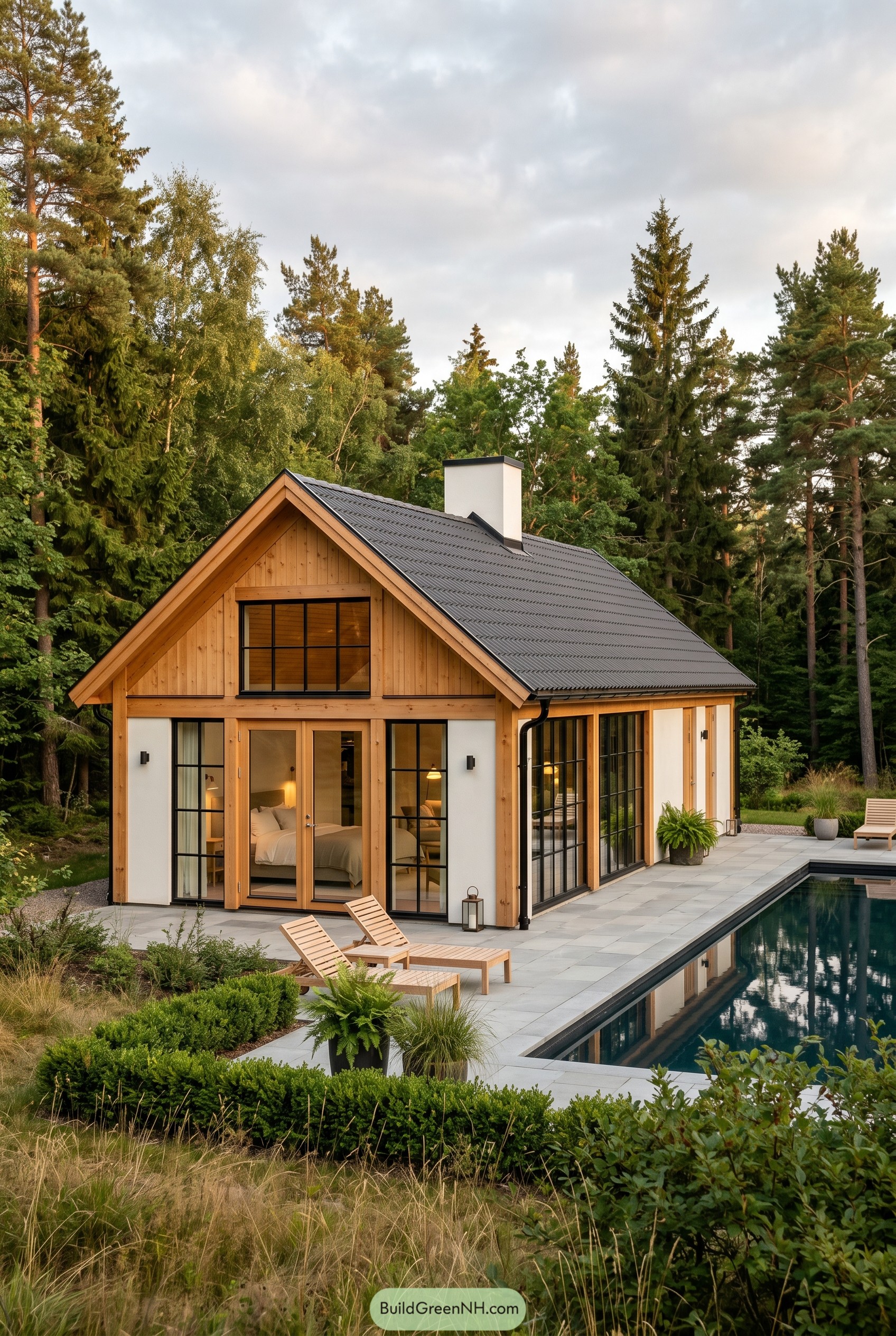 Timber and white pool house beside lap pool