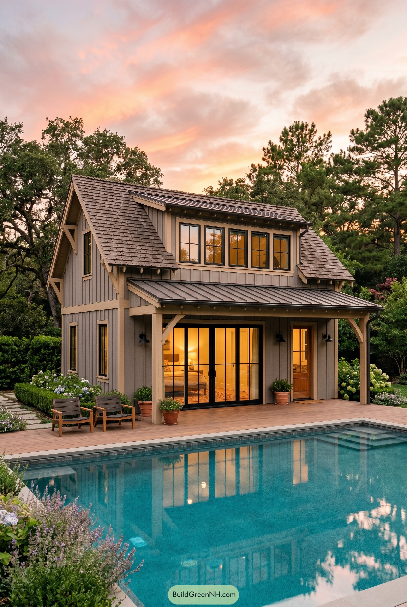 Two story shingle pool house with porch by pool