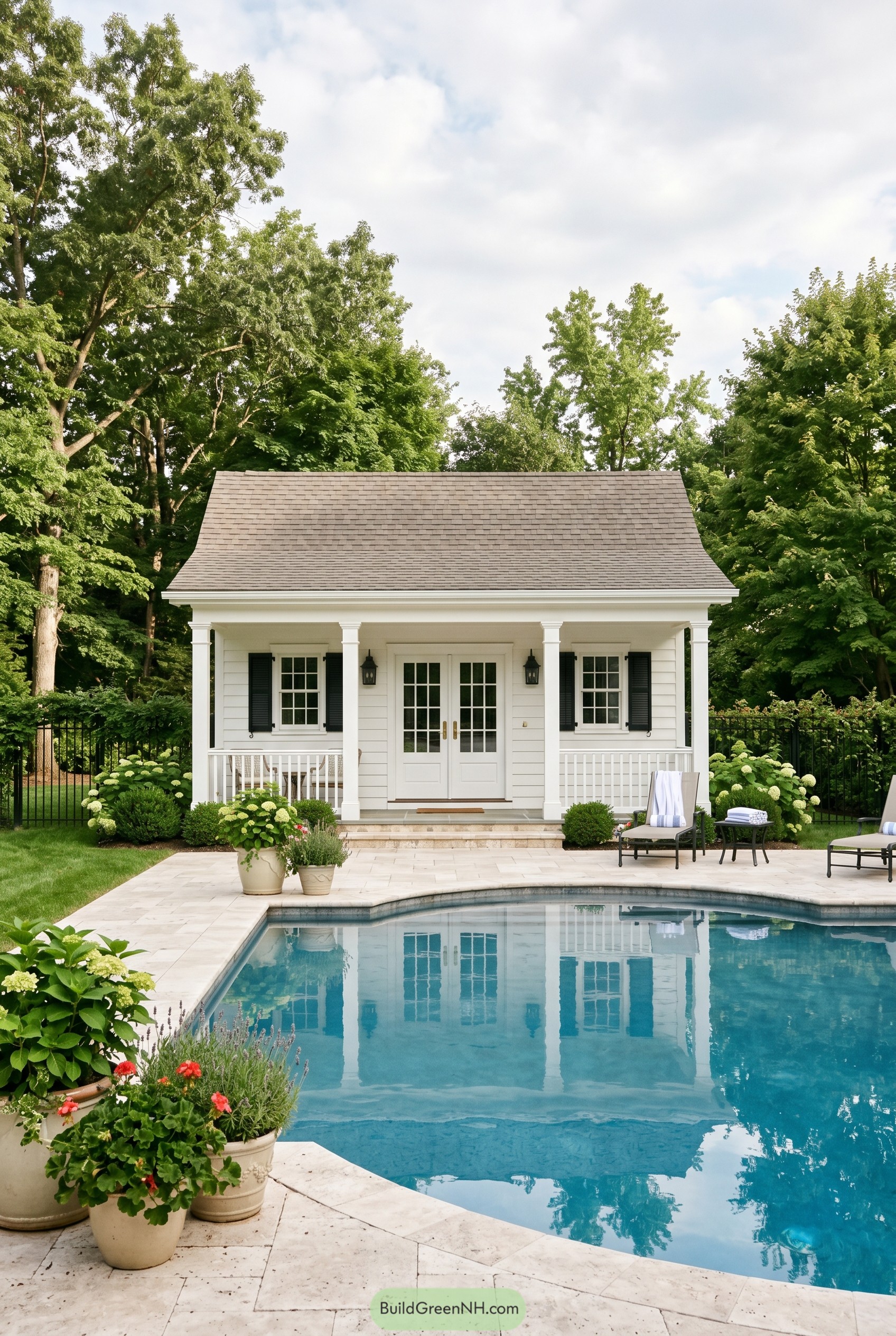 White clapboard pool house with porch and shutters