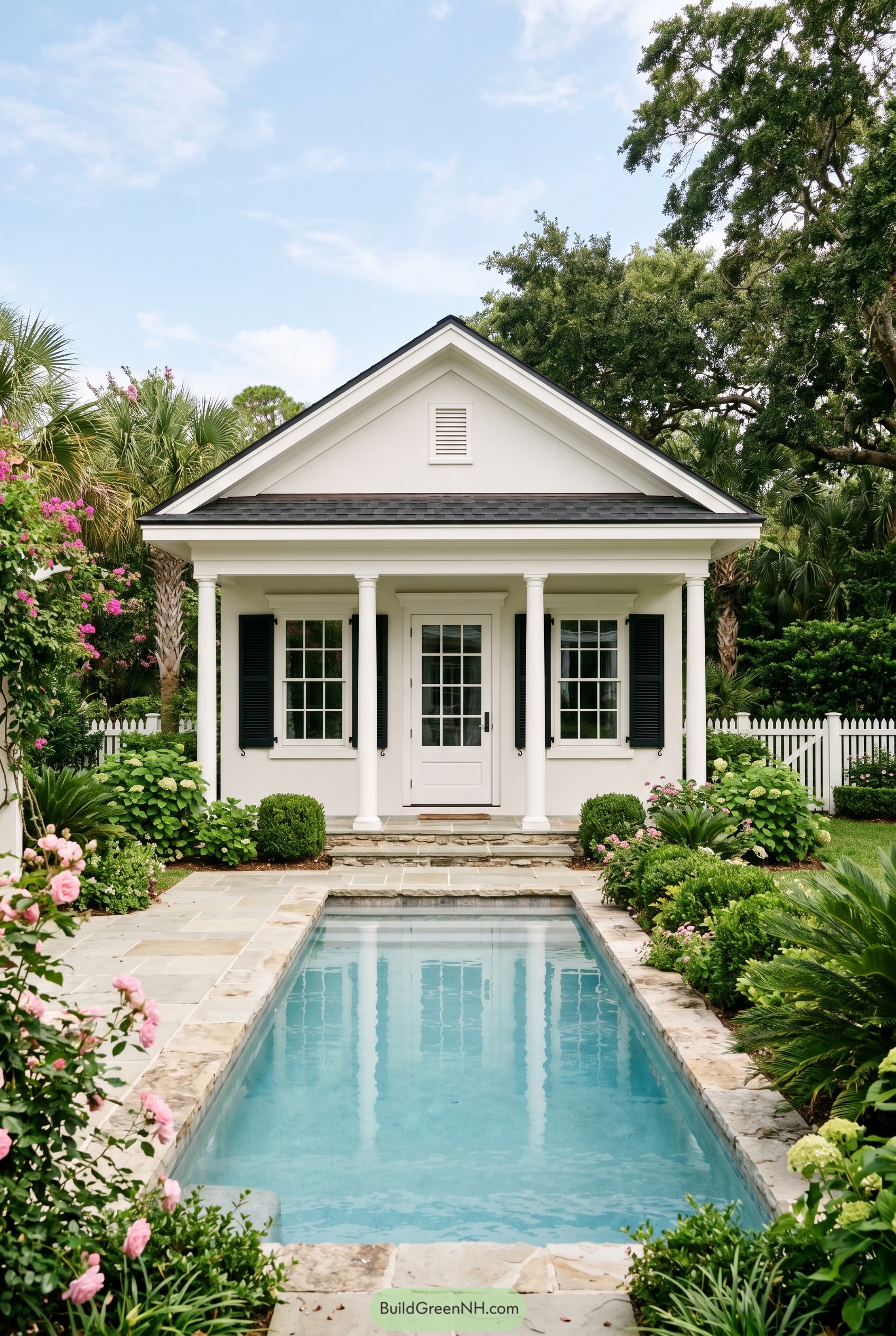 White columned pool house with narrow lap pool