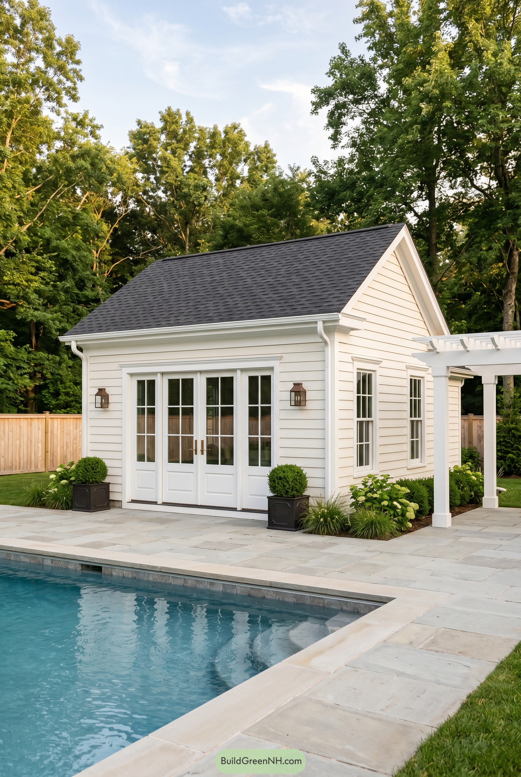 White clapboard pool house beside a lap pool