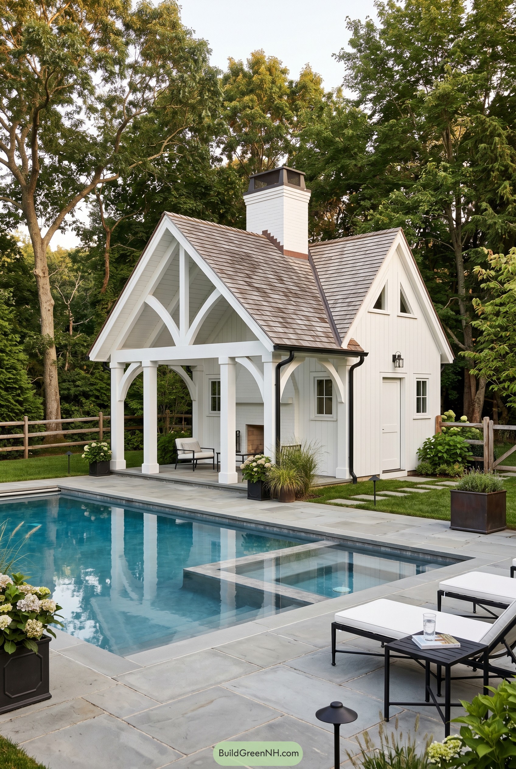White gabled pool house with covered porch by the pool