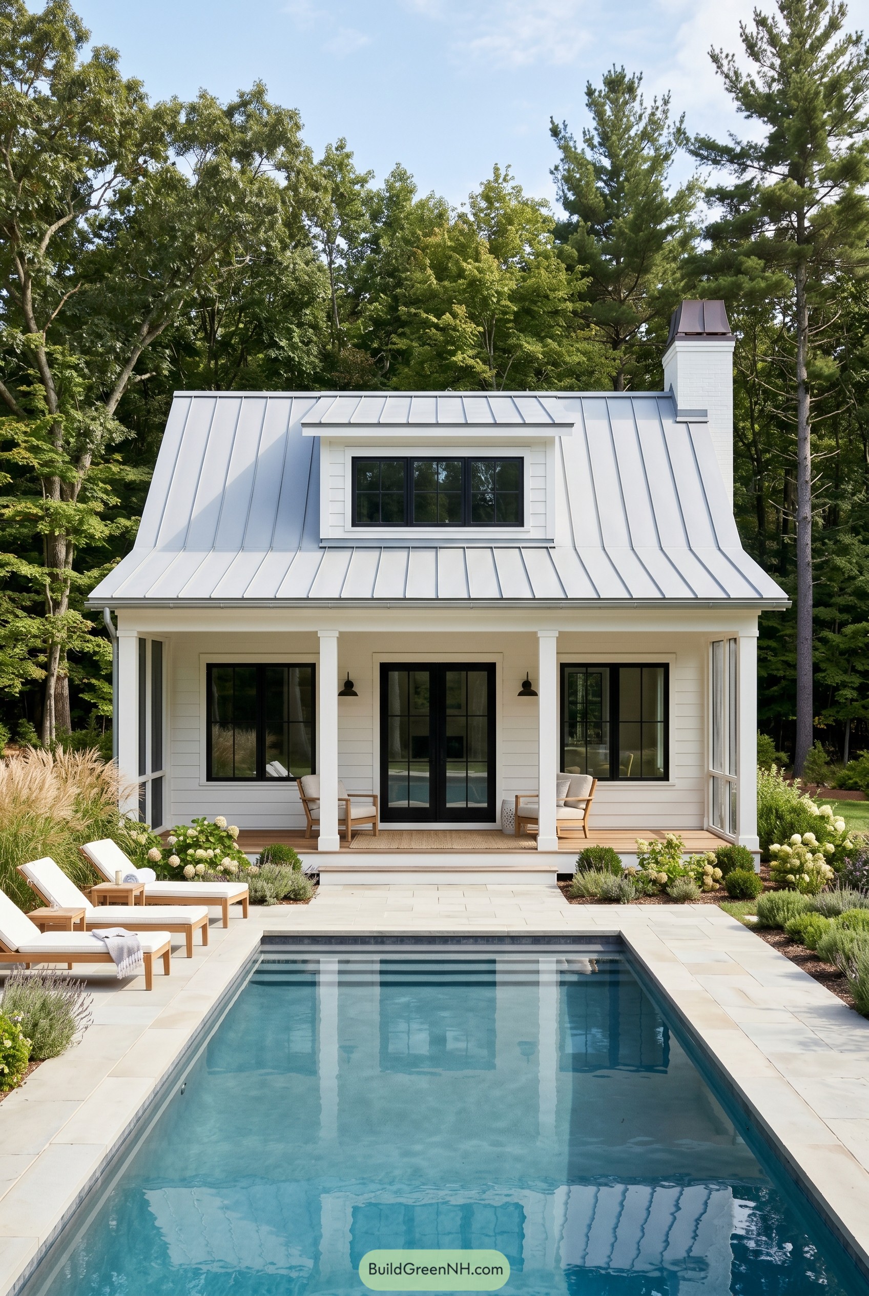 White pool house with metal roof by a narrow pool