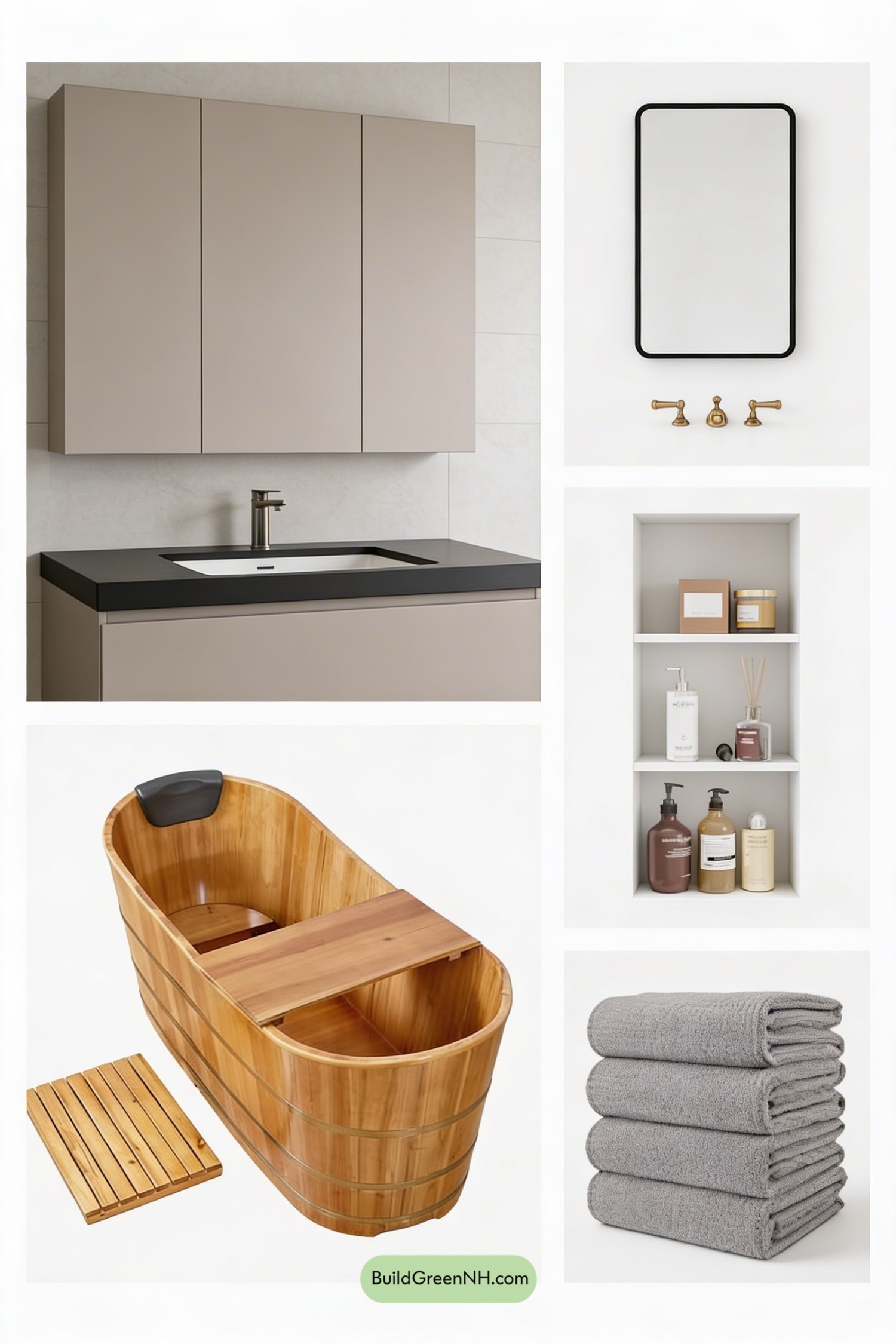 Moodboard for Warm Neutral Monastic Bathroom Retreat