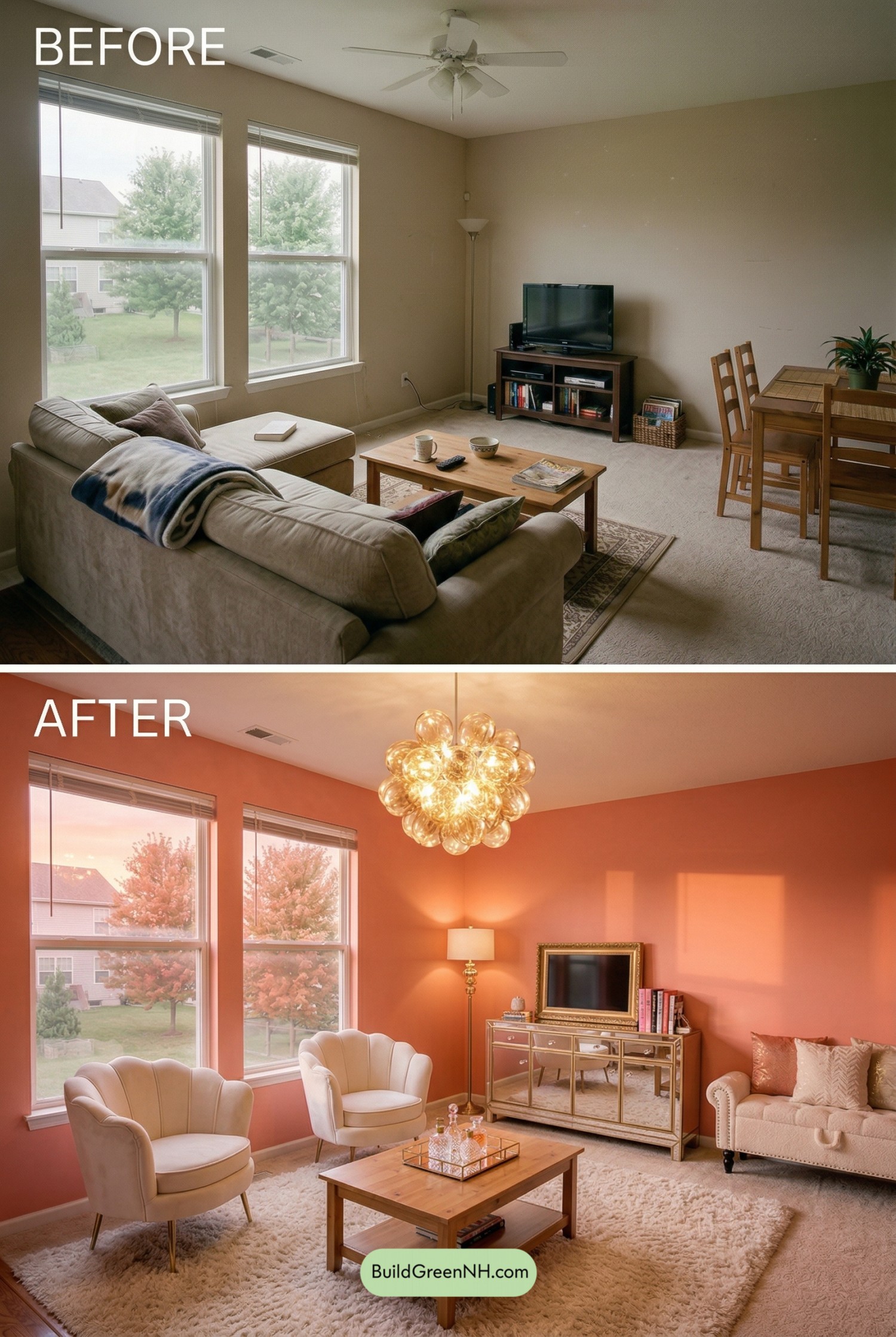 Coral Sunrise Glam Living Room