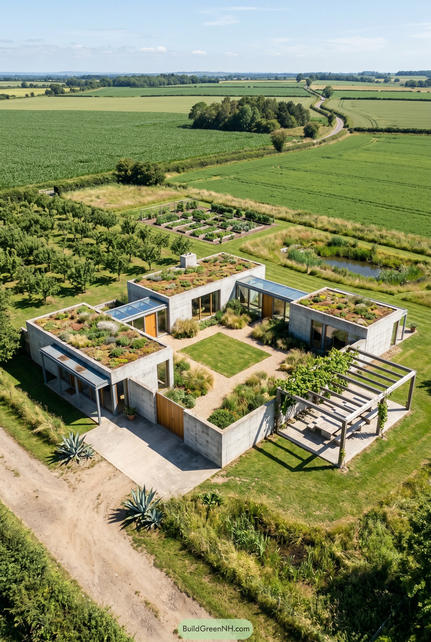 Concrete courtyard house with planted roofs in farmland