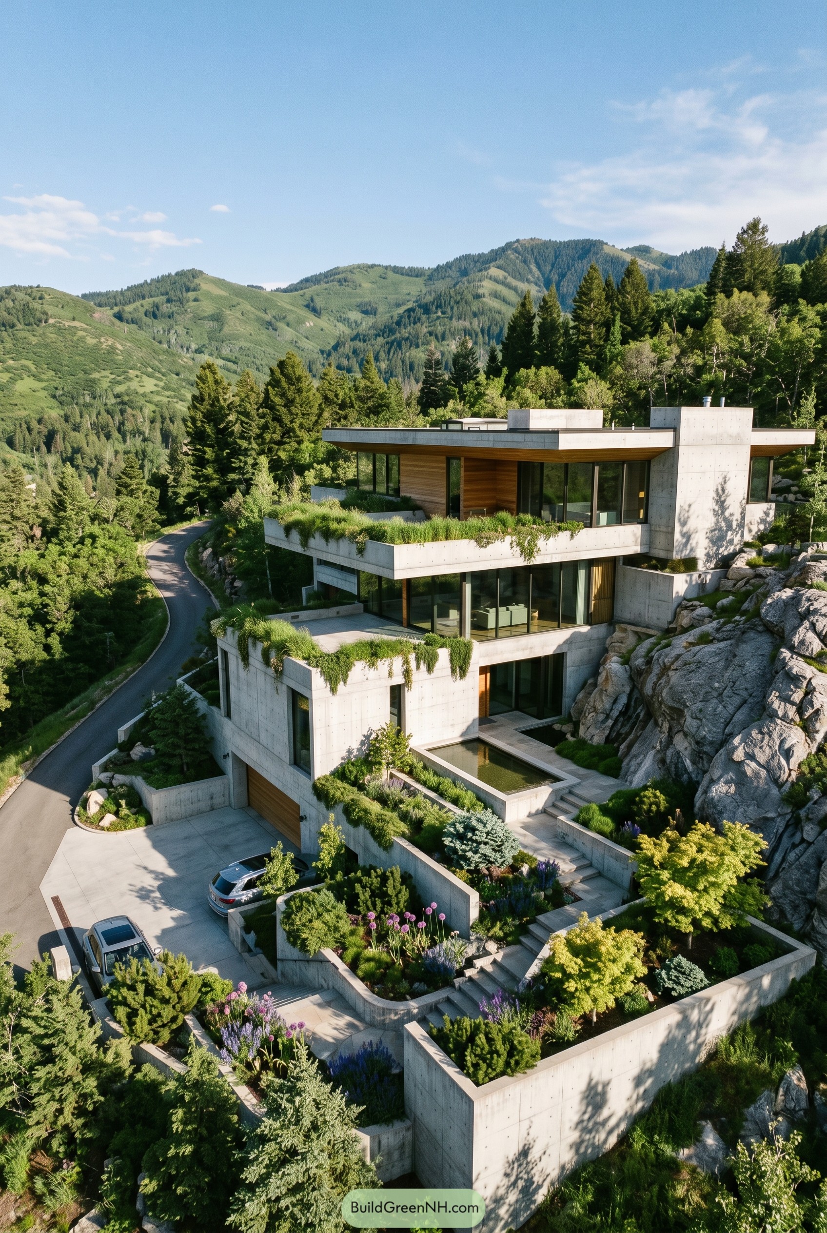 Terraced concrete mountain home with lush planters