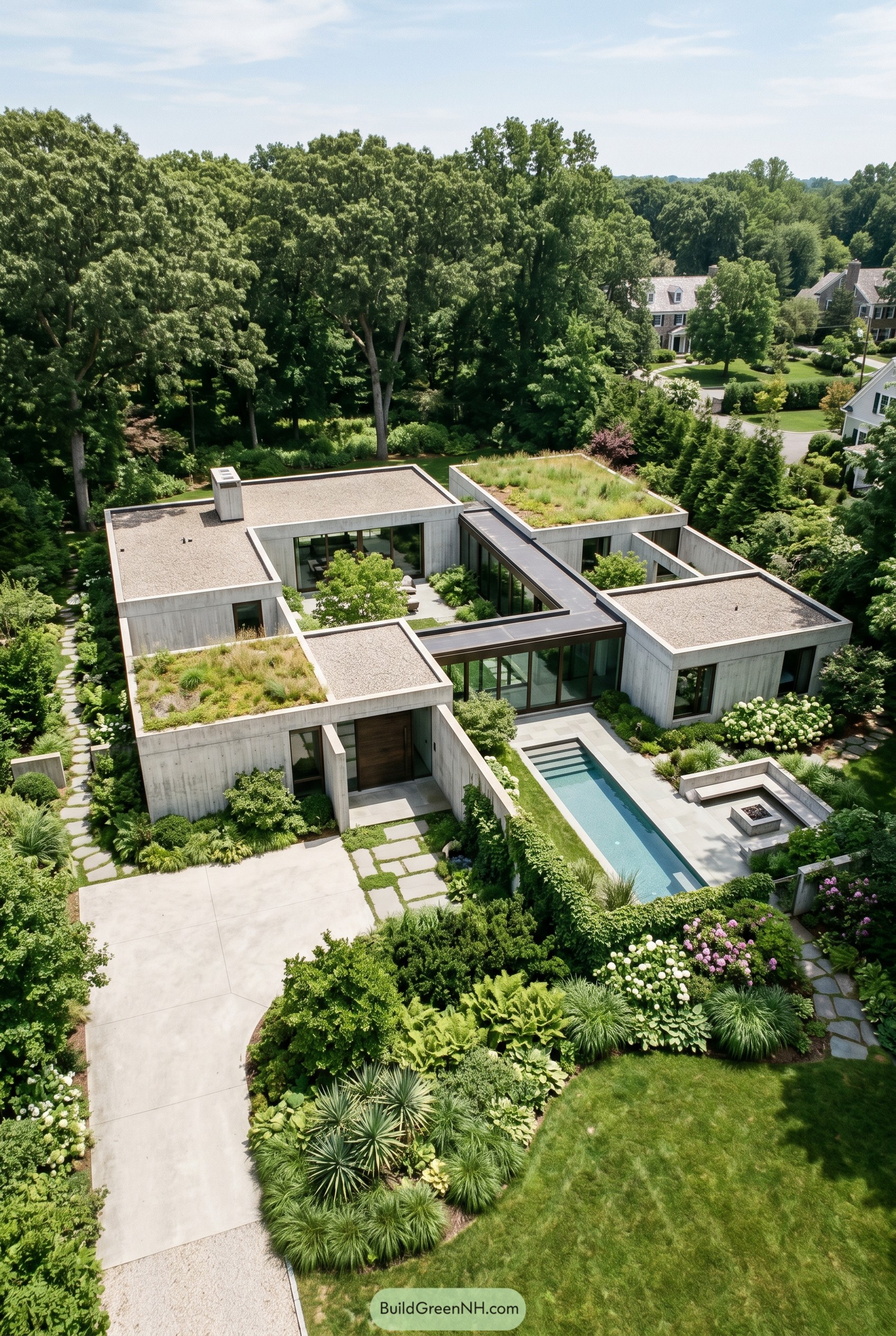 Aerial view of a concrete courtyard home with green roofs and a narrow pool