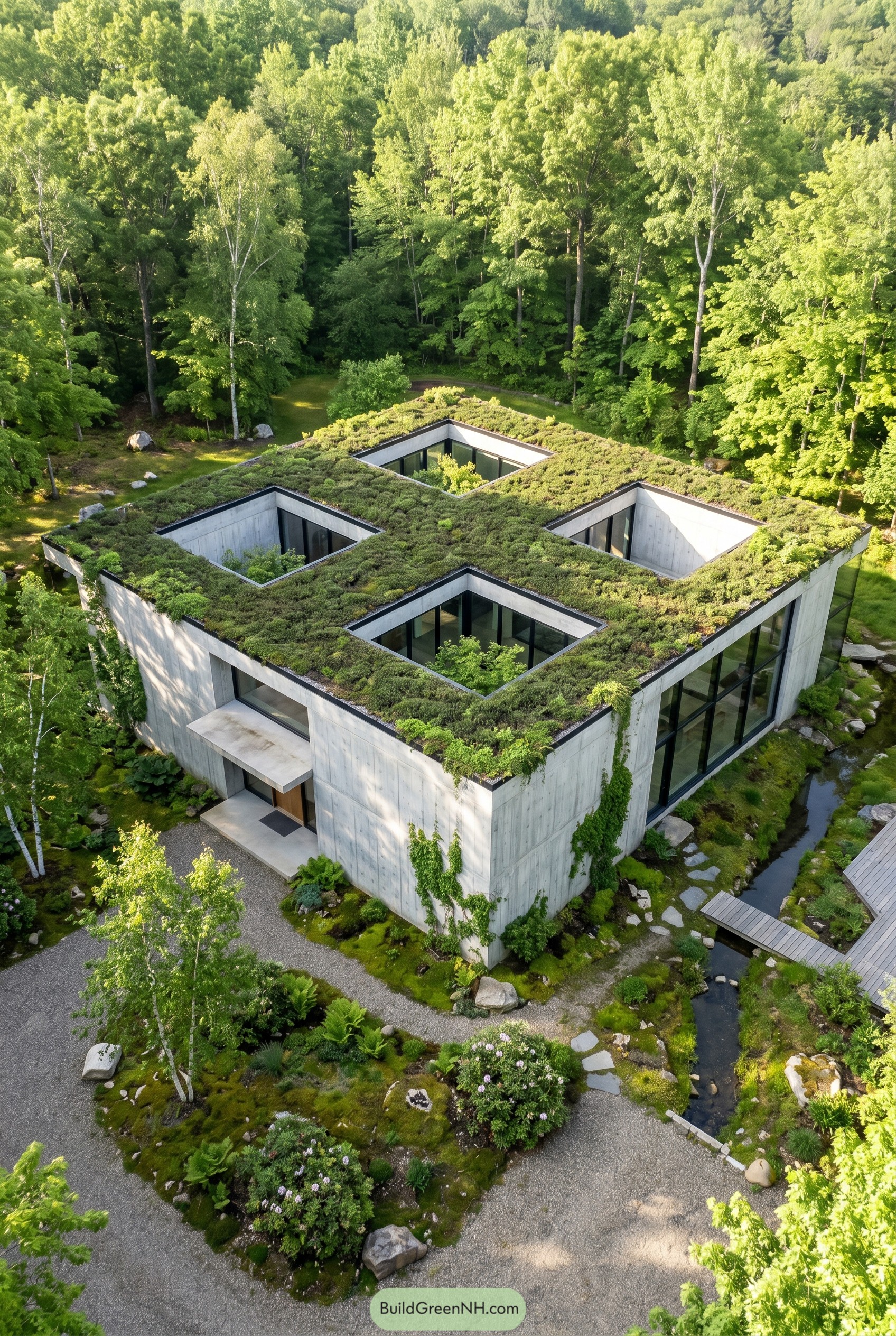 Concrete ring house with planted roof and four courtyards in a forest