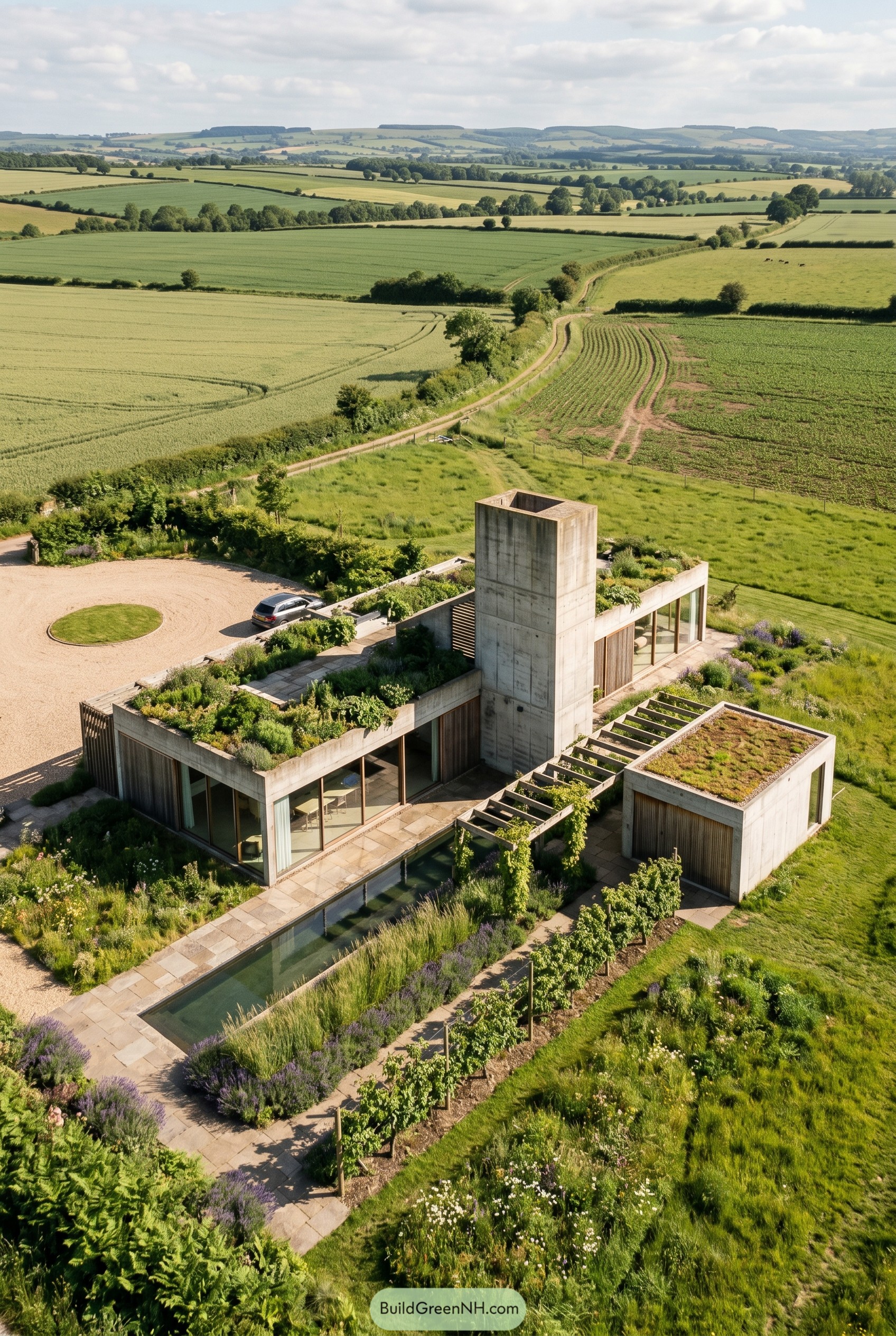 Concrete country house with green roofs and lap pool