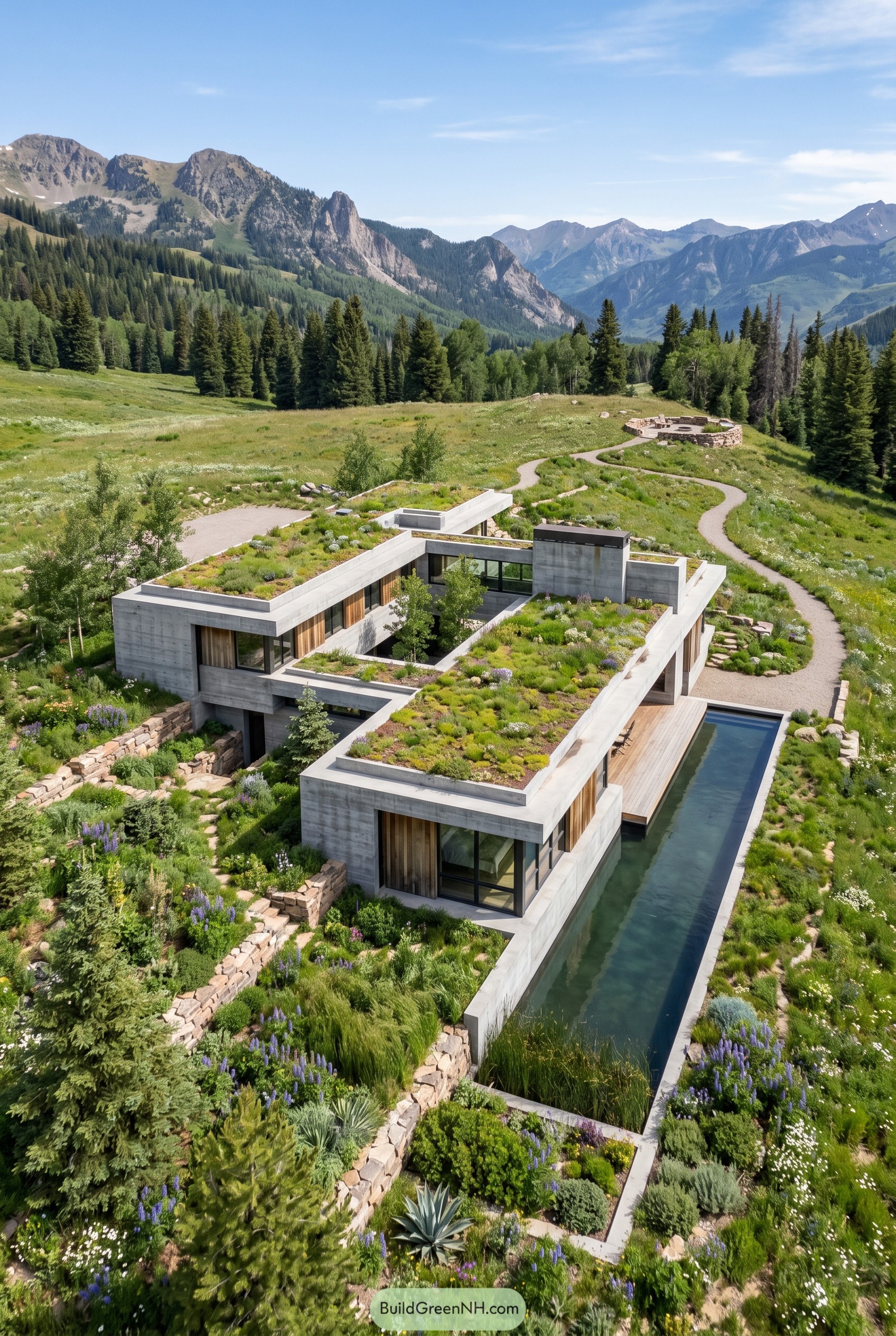 Concrete mountain house with green roofs and lap pool