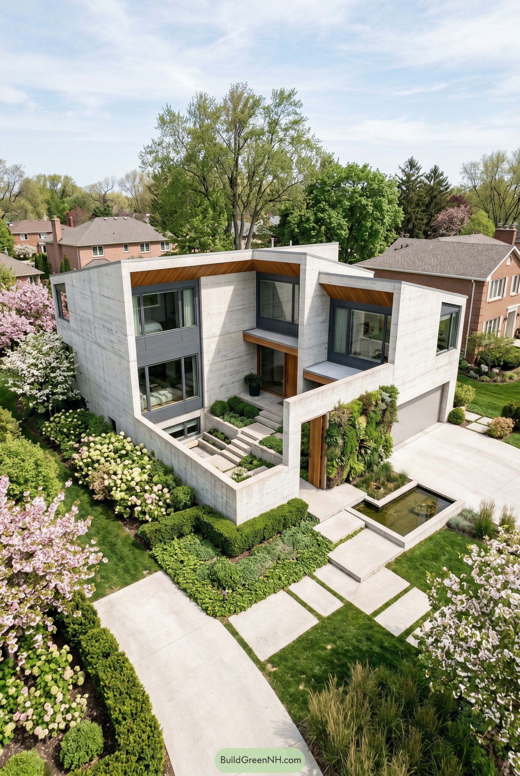 Angular concrete home with lush garden and reflecting pool
