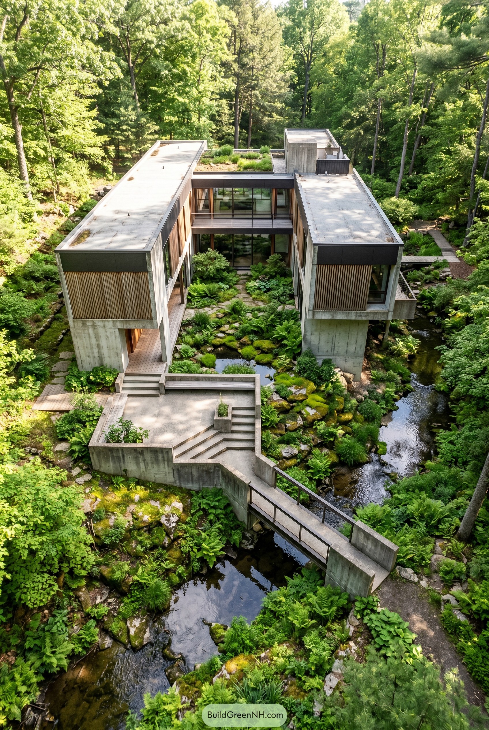 Brutalist courtyard house spanning a mossy forest creek