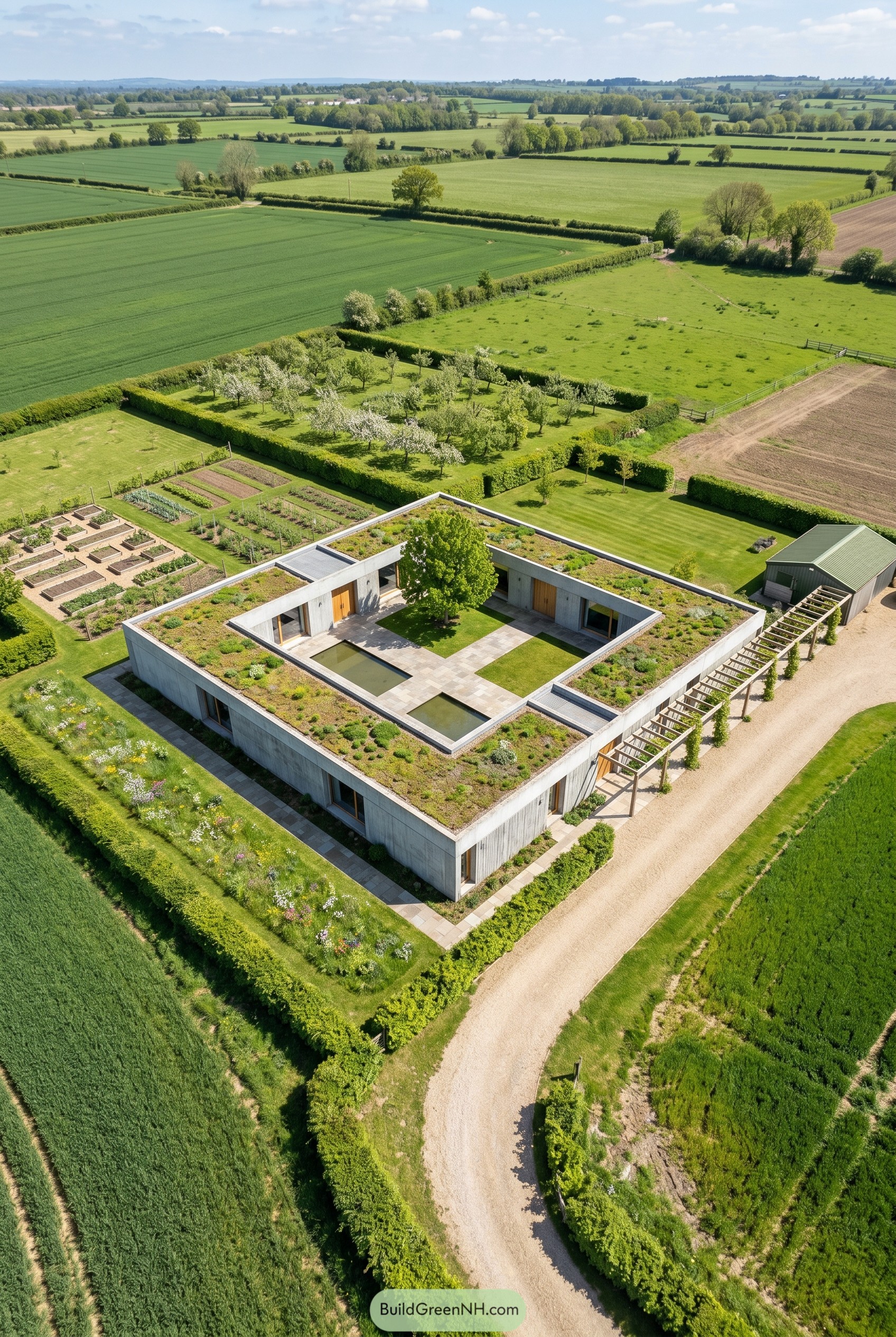 Aerial view of a square concrete courtyard house with a green roof in farmland